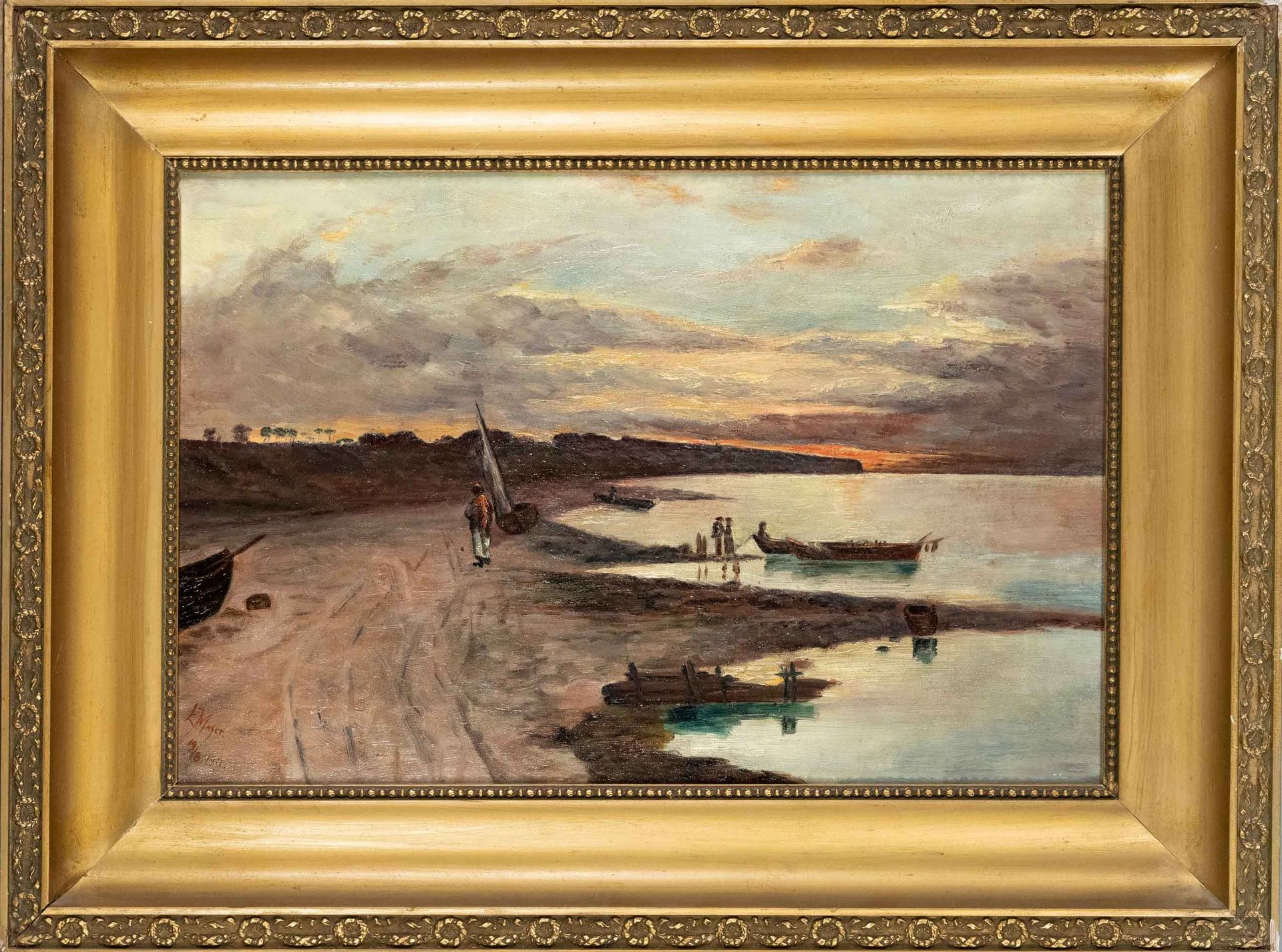 Null E.梅尔，20世纪初，沿海地区的渔船在傍晚时分的场景，布面油画，左下方有签名和日期。1911年，30 x 45厘米，手稿44 x 59厘米