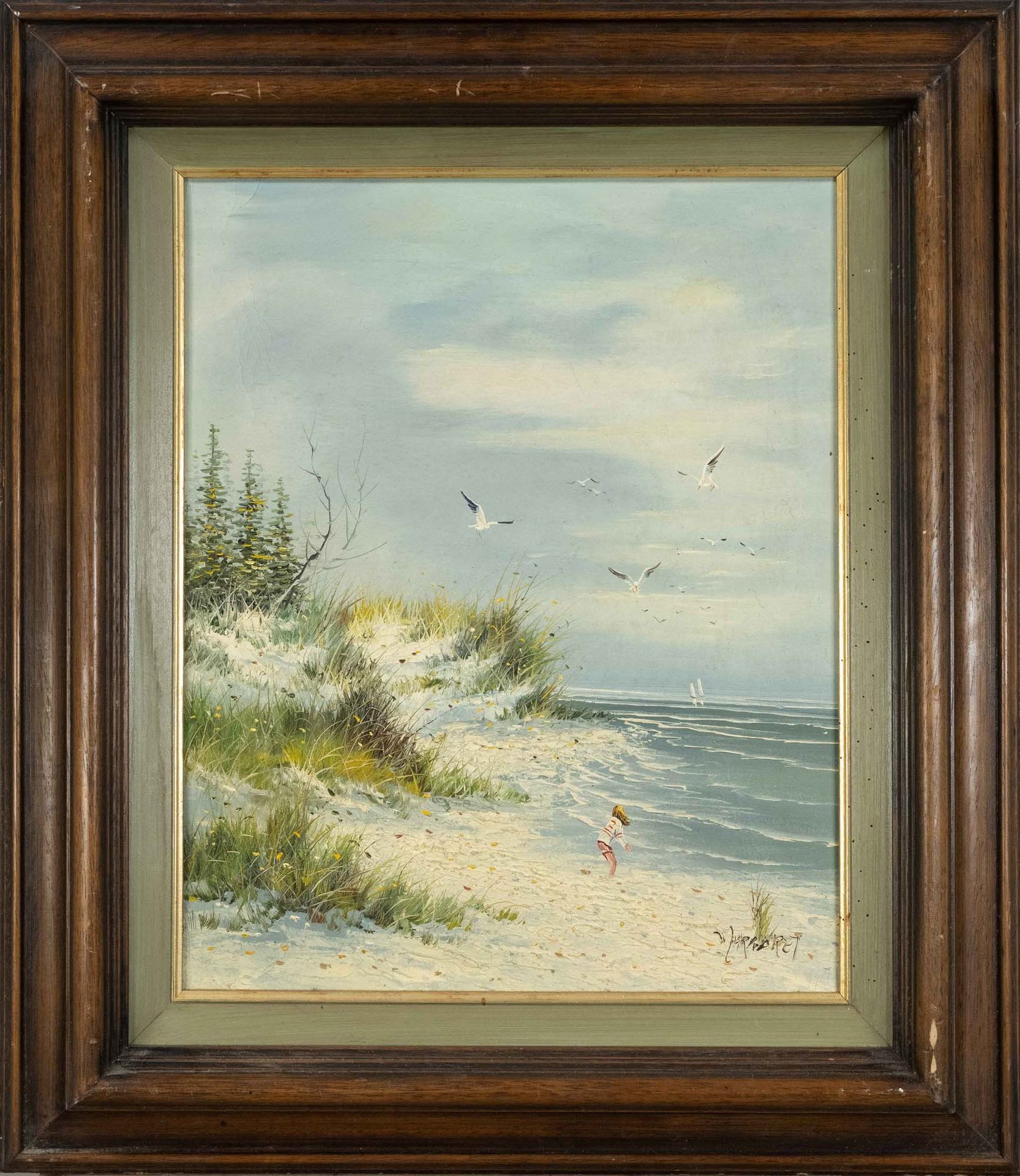Null 不明身份的画家，20世纪中期，《沙丘上的女孩，背景是海鸥和水手》，布面油画，右下角签名，48 x 40厘米，长69 x 60厘米。