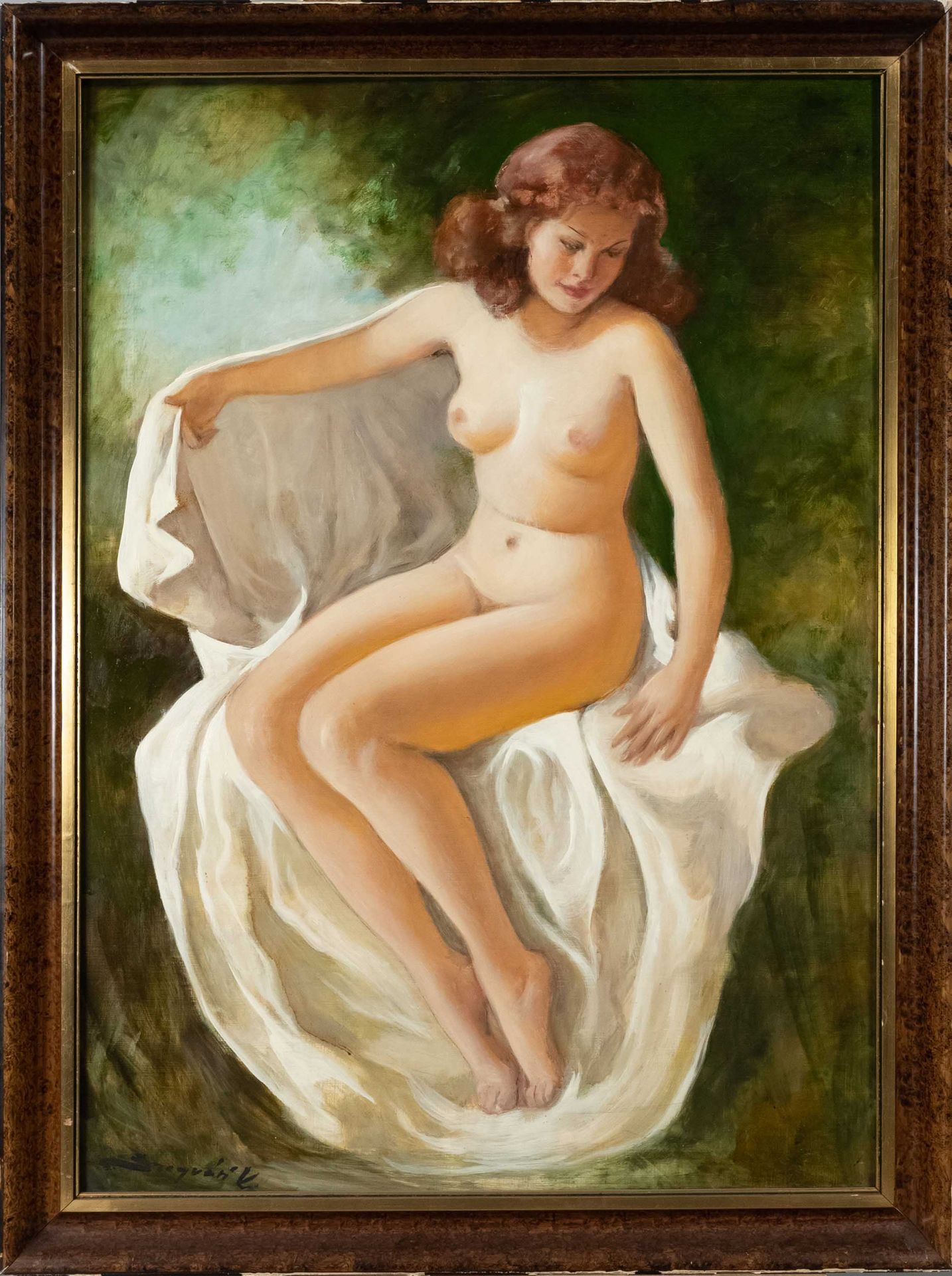 Null Károly Szegváry (1920-2002), Hungarian painter, female nude sitting on whit&hellip;
