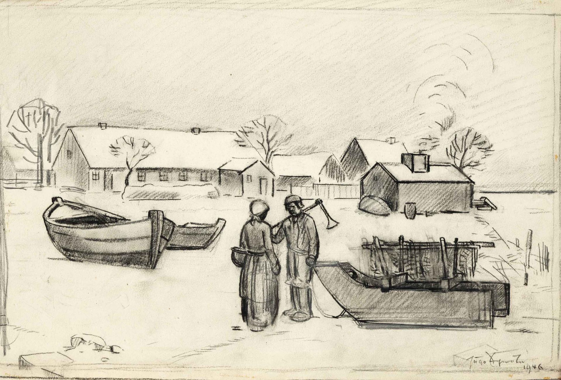 Lote mixto de 8 dibujos de varios artistas de los años 20. Artistas del  siglo XX: . Hugo Scheele (1881-1960), Dorf im Winter mit Paar im  Gespräch, carboncillo, sign. a. dat. 1946,