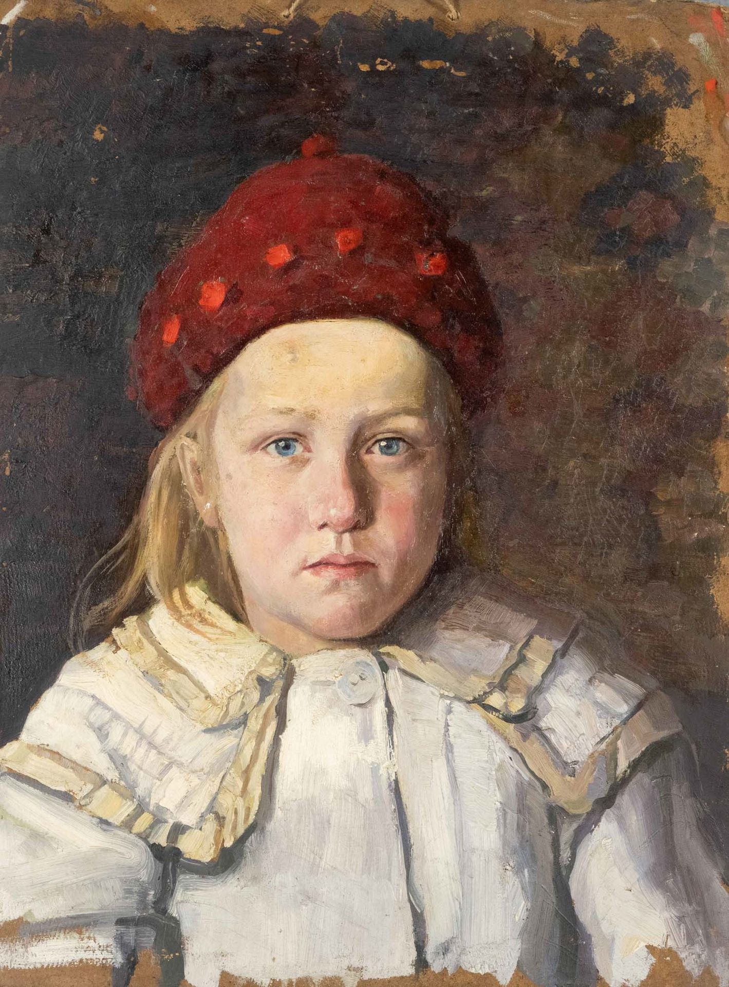 Null 19世纪末的匿名肖像画家，身着传统服装、头戴红帽的女孩的肖像研究，纸板上的油画，没有签名，纸板上有波纹和损坏，47 x 36厘米