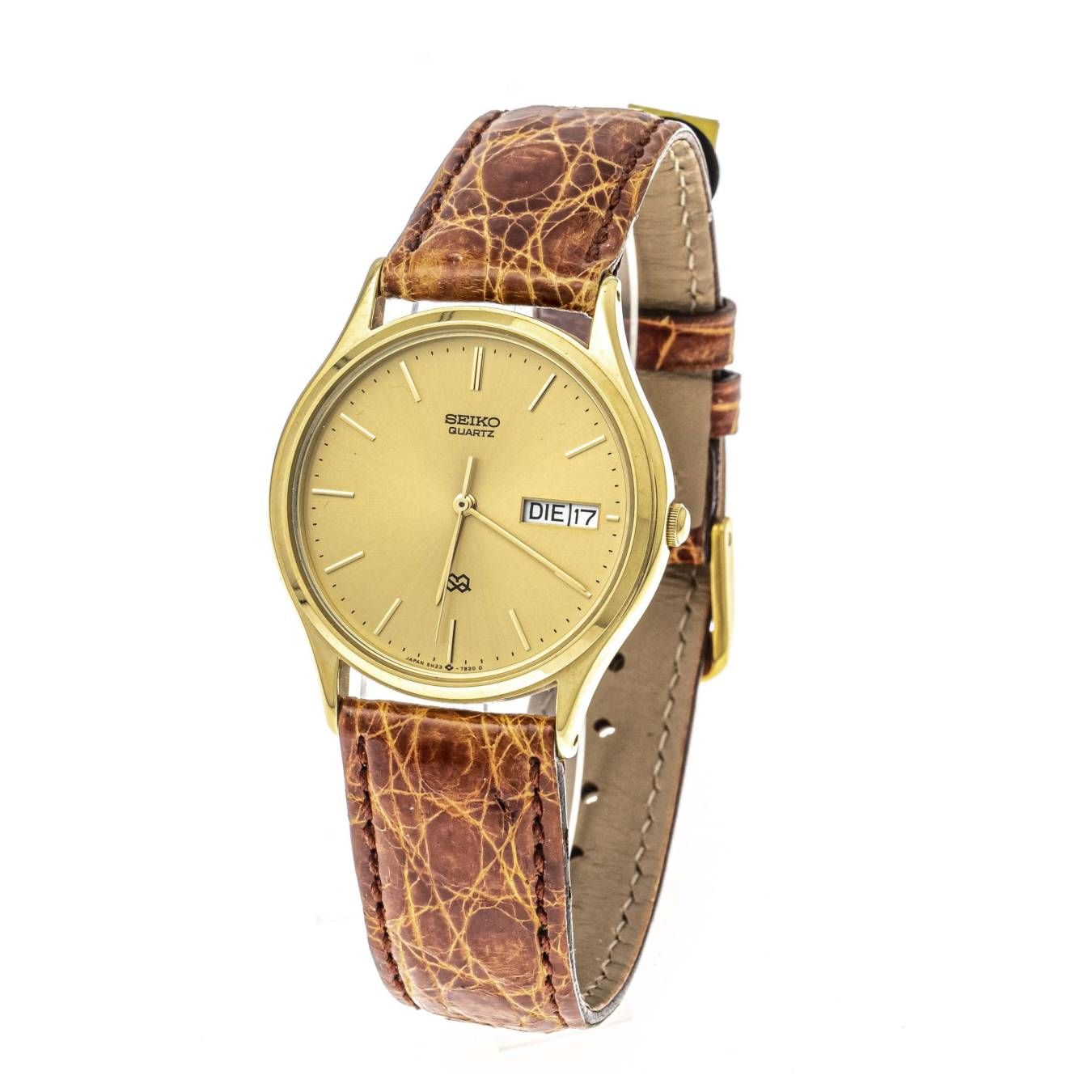 Seiko men's quartz watch Day Date, Ref. 5H23-7B00, movement running, gold  plated, screwed case back, mineral crystal, gold dial with gold plated bar  indexes, day of the week and date at 3