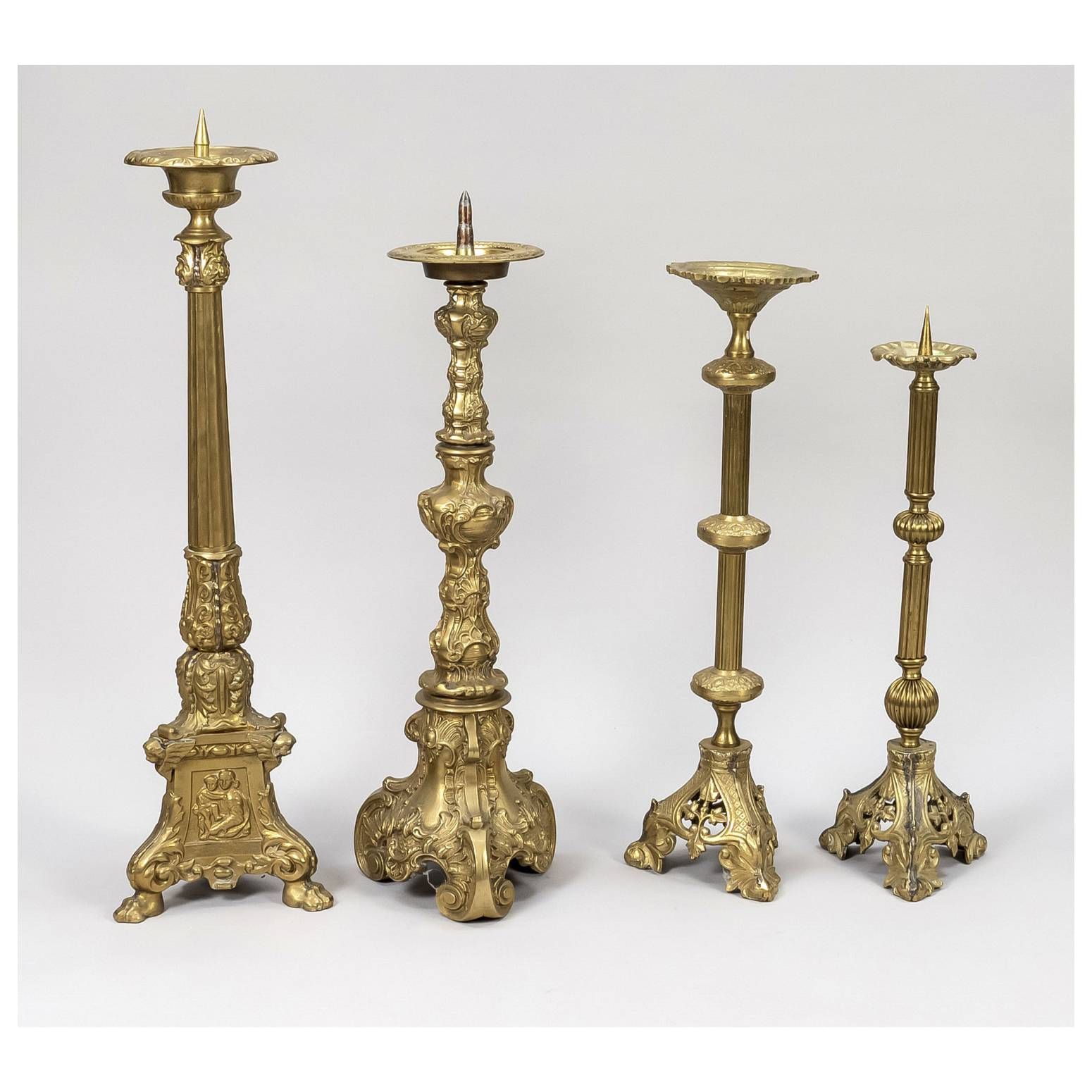 4 altar candlesticks, late 19th century, brass/bronze. A…