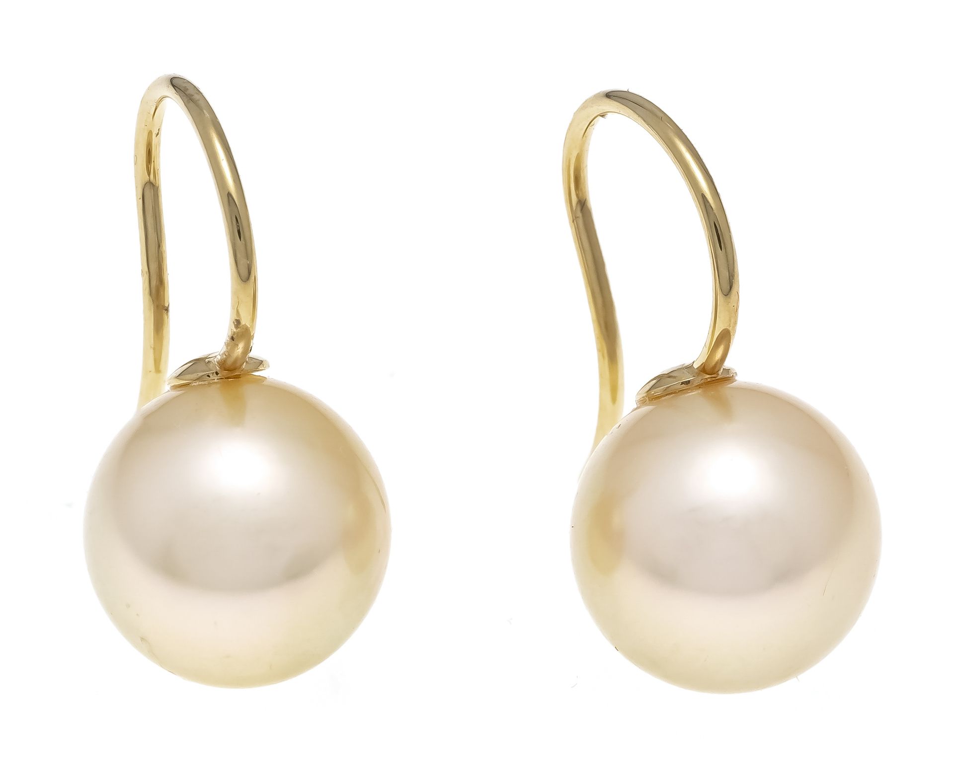 Null 花。Schoeffel南海珍珠耳环GG 750/000，有2颗优秀的南海珍珠，10.1毫米，浅自然黄色，有极少的自然特征和极好的光泽，长19毫米，Sc&hellip;