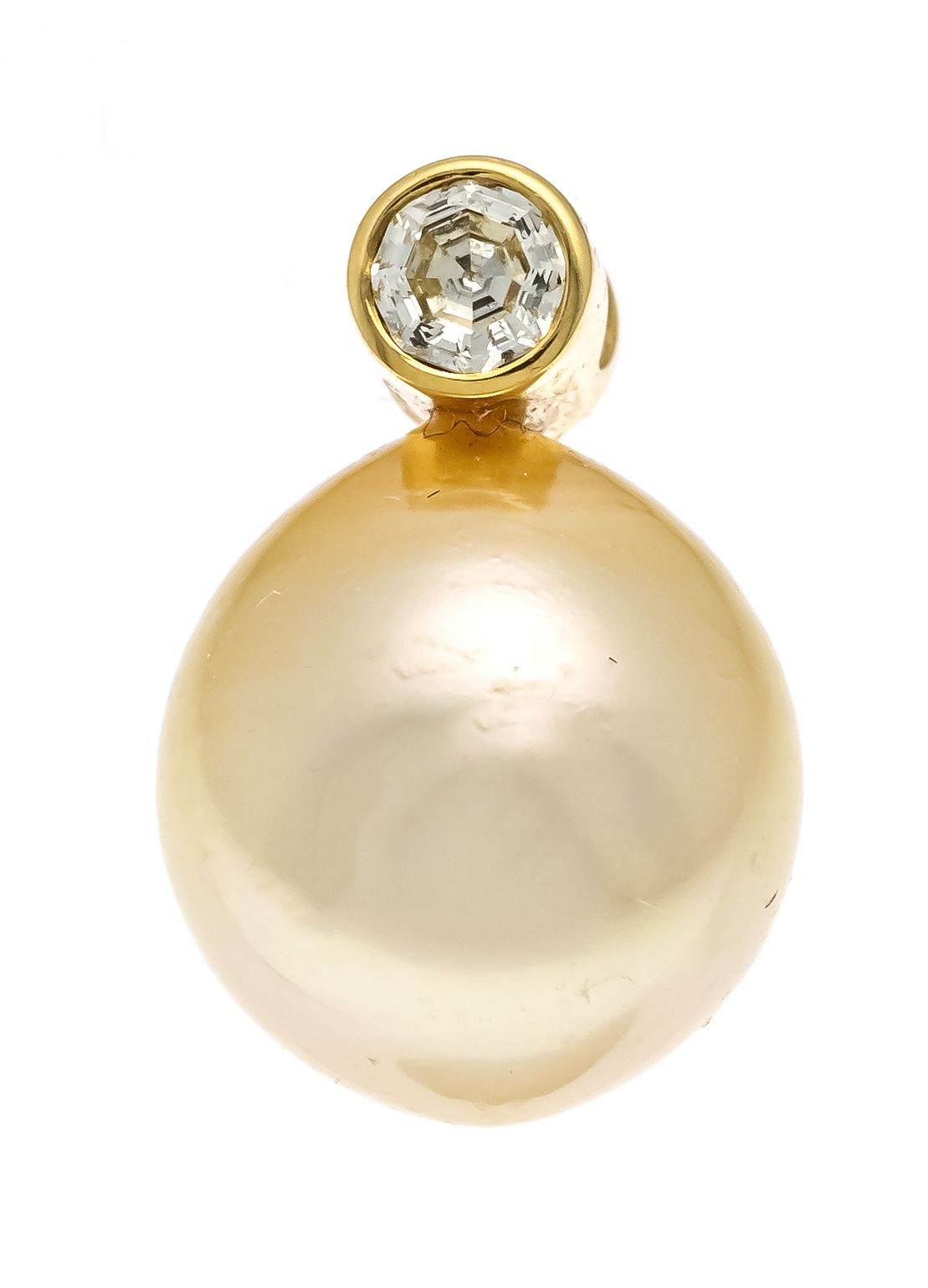 Null 南海珍珠花式切割钻石吊坠GG 750/000，无戳记，经测试，用于吊坠，其中一颗略呈水滴状的南海珍珠12.2 x 11.5毫米，浅自然黄色，有极少的自&hellip;