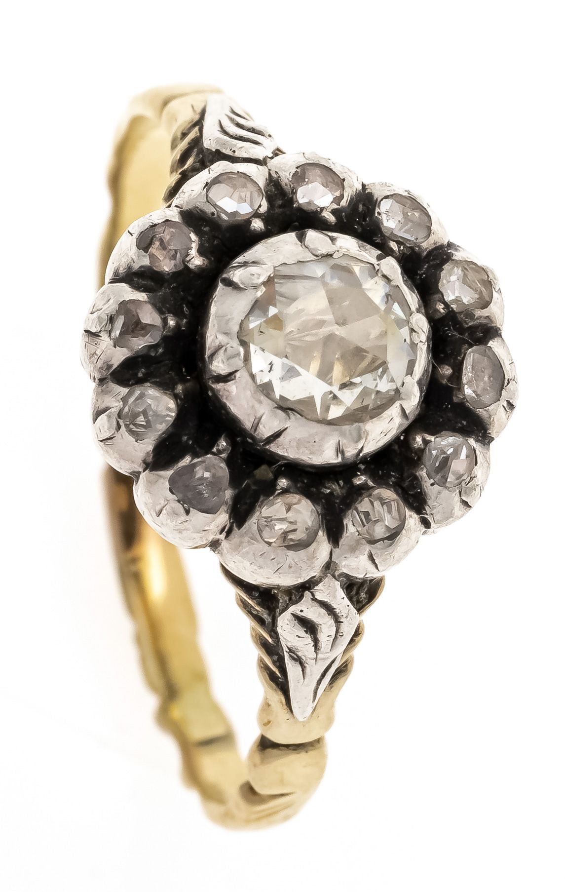 Null 钻石玫瑰戒指GG 585/000和银，有13朵钻石玫瑰，5.1 - 2.0毫米，RG 61，3.9克