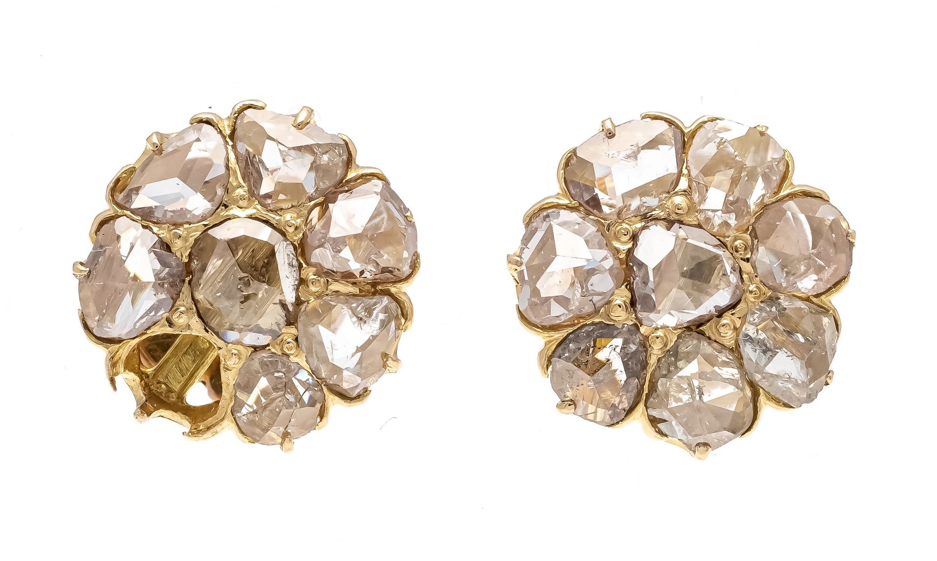 Null 钻石玫瑰耳环GG 585/000，每个有8个3毫米的钻石玫瑰（1个丢失），螺丝螺母，直径10毫米，3.0克