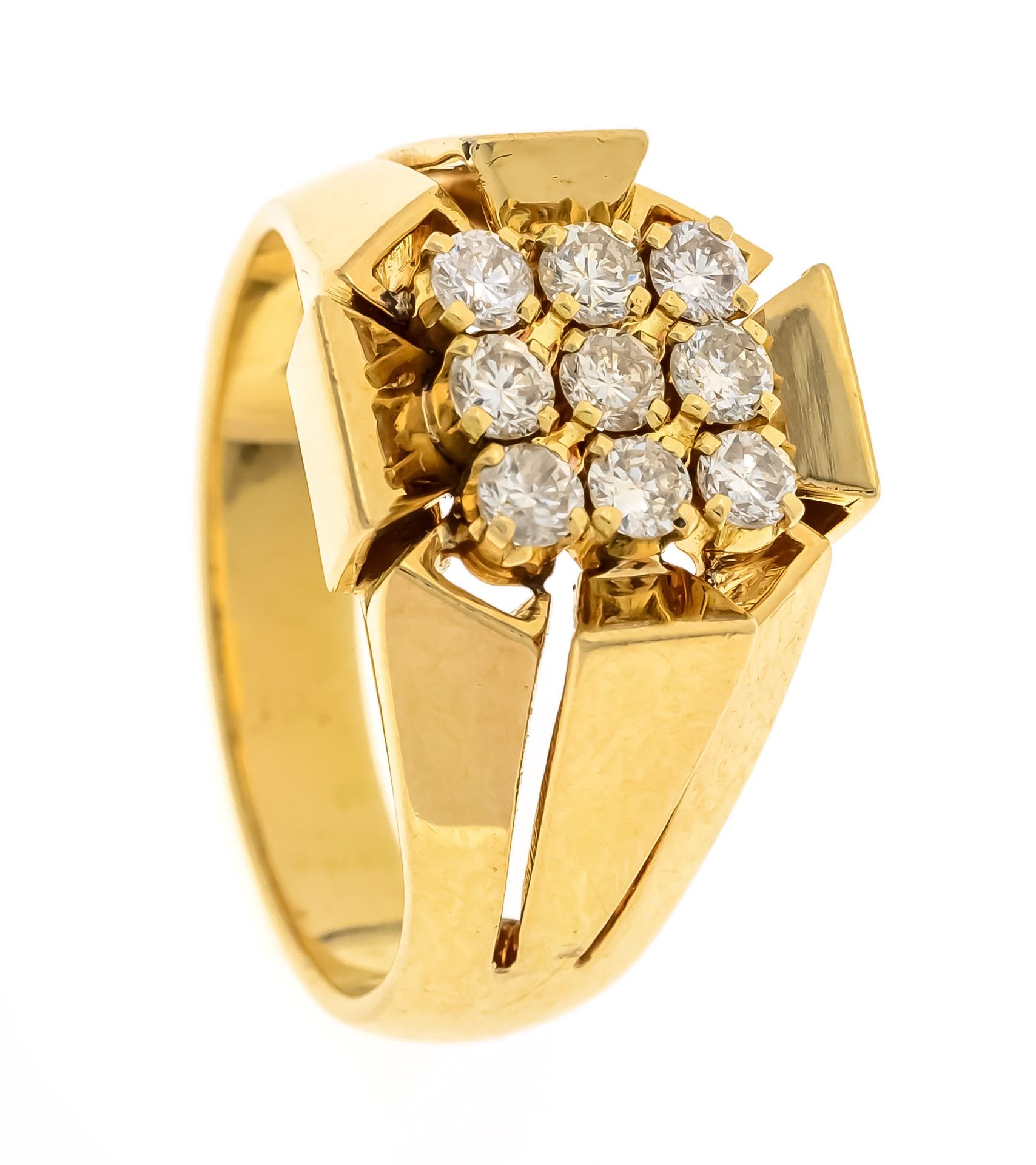 Null 明亮的戒指GG 750/000，有9颗明亮式切割钻石，增加了。0.6克拉W/SI, RG 58, 12.3克
