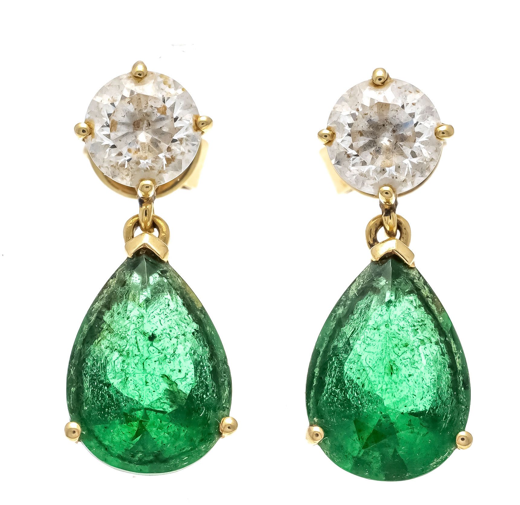 Null 宝石耳环 GG 585/000 配有2颗绿色水滴形和2颗白色圆形刻面宝石 10 - 5 mm, 19 mm, 2,5 g