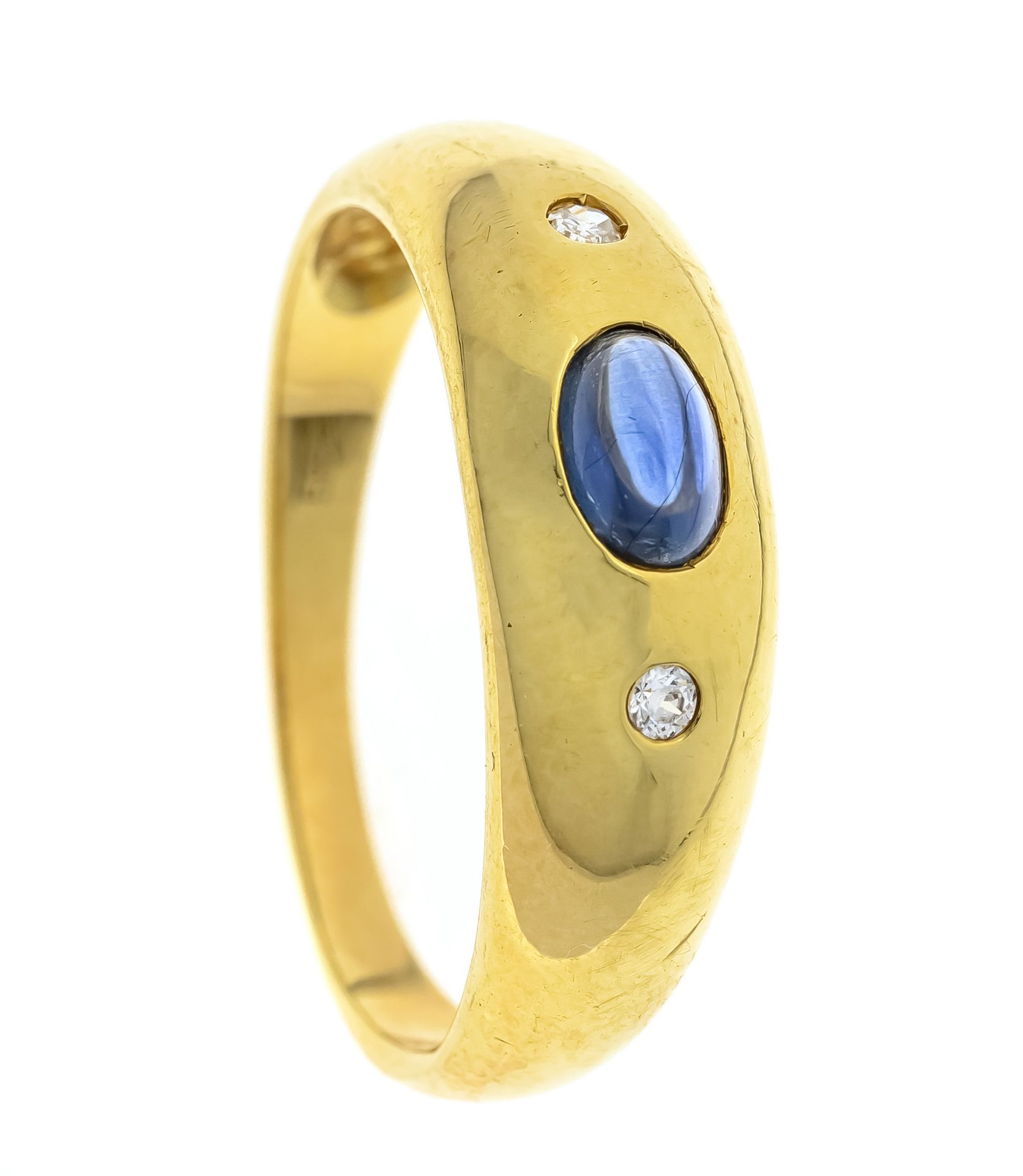Null 蓝宝石戒指GG 585/000，镶嵌一颗凸圆形蓝宝石5.8 x 3.7毫米和两颗八角形切割钻石，共0.06克拉，RG 61，3.5克