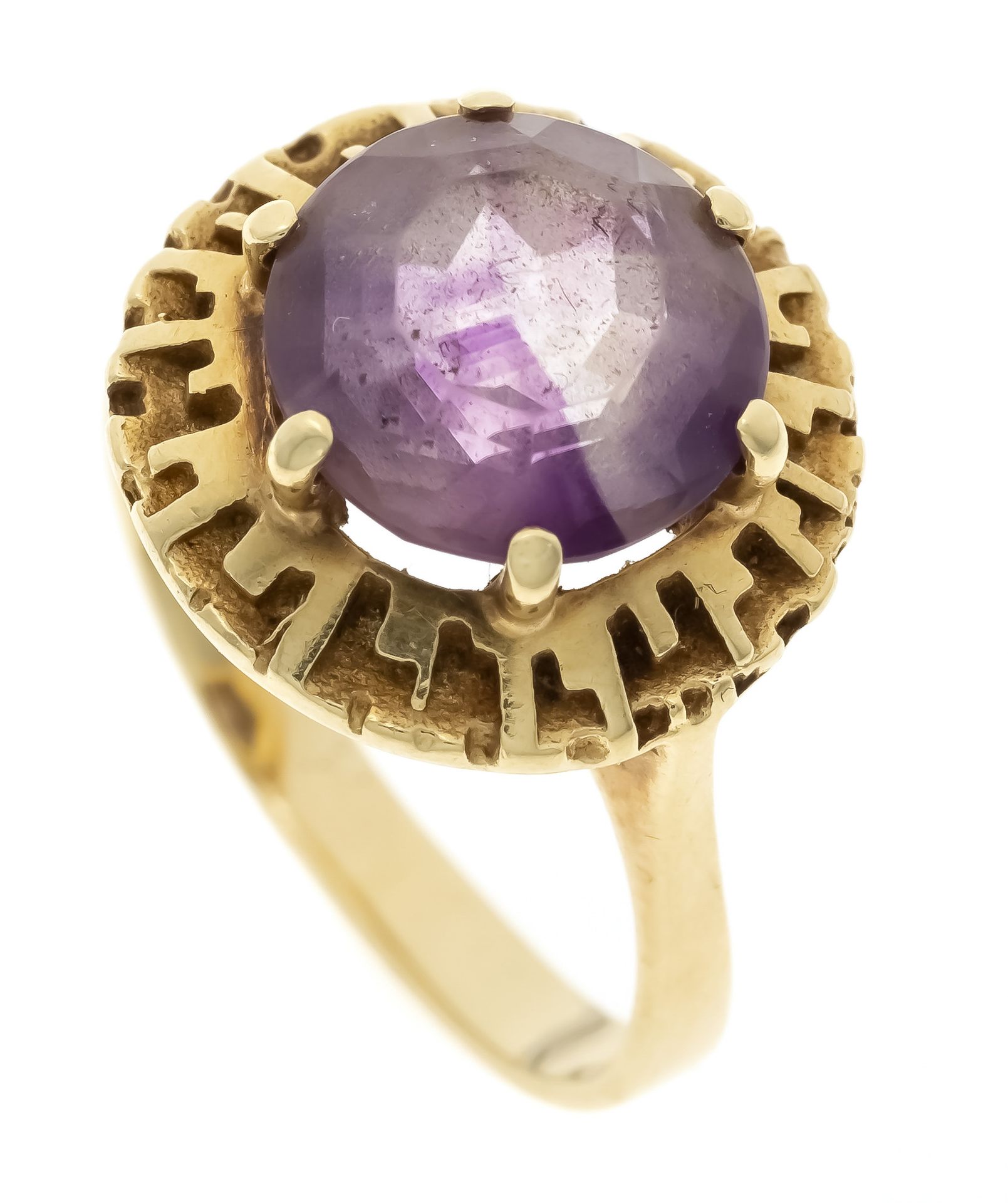 Null 紫水晶戒指585/000，带一个10毫米的圆形刻面紫水晶，RG 51，戒指带稍微弯曲，5.6克