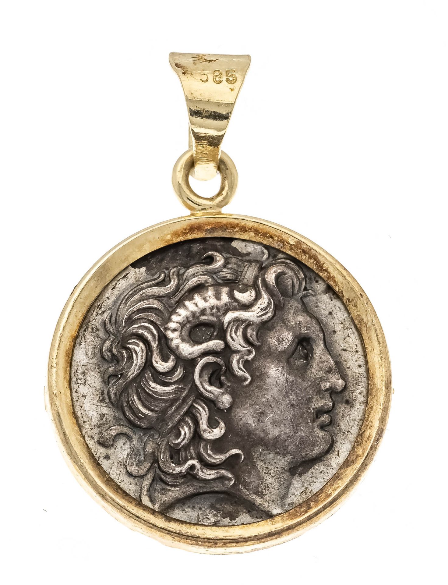 Null 钱币 "吊坠GG 585/000，带有希腊钱币的现代复制品，银质，正面是赫拉克勒斯的头像，背面是王座上的宙斯，长26毫米，重3.9克
