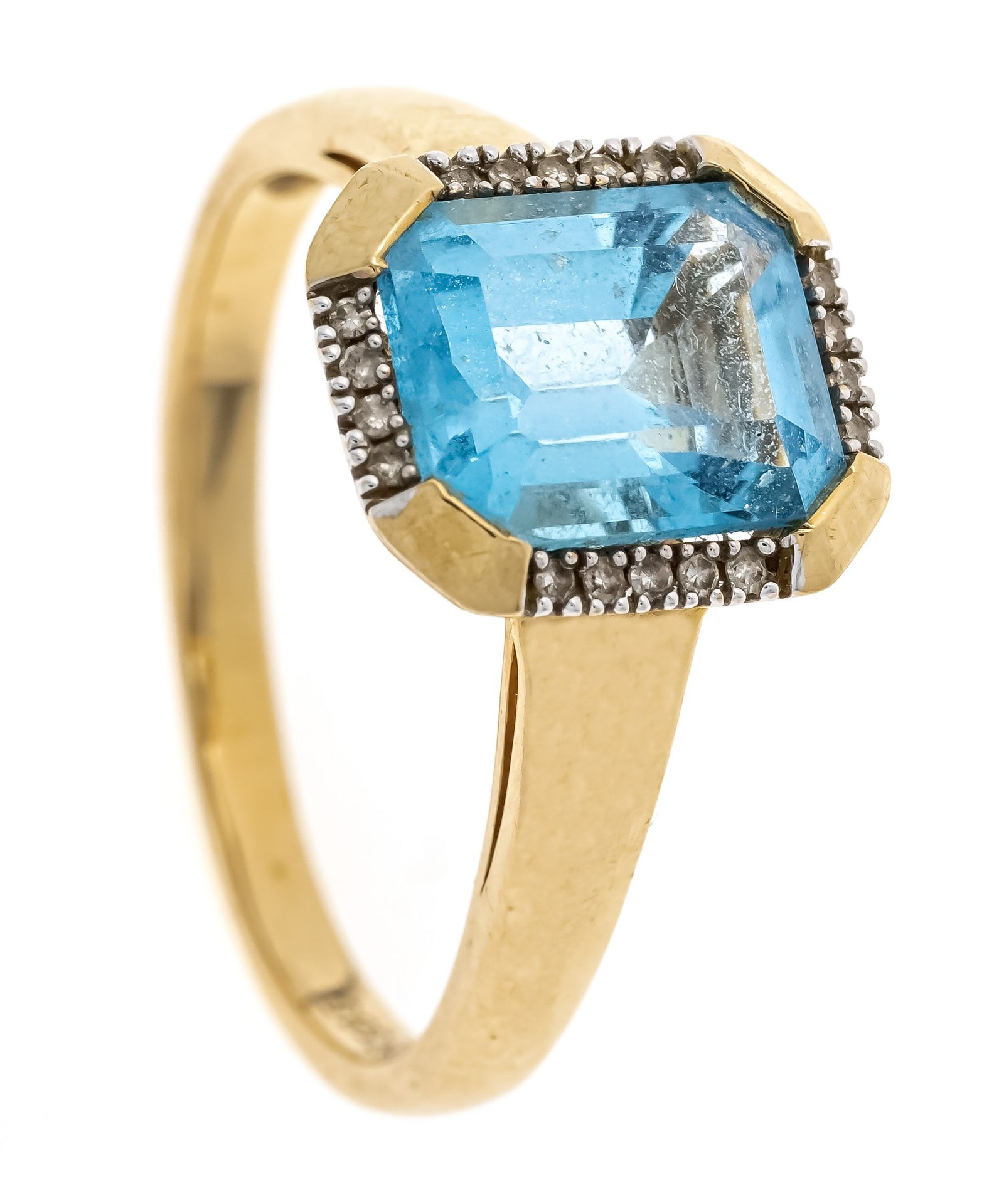 Null 蓝色托帕石钻石戒指GG/WG 585/000，带有一颗祖母绿切割的刻面蓝色托帕石10 x 8毫米和18颗八角形钻石，加0.06克拉有色/SI-PI, &hellip;