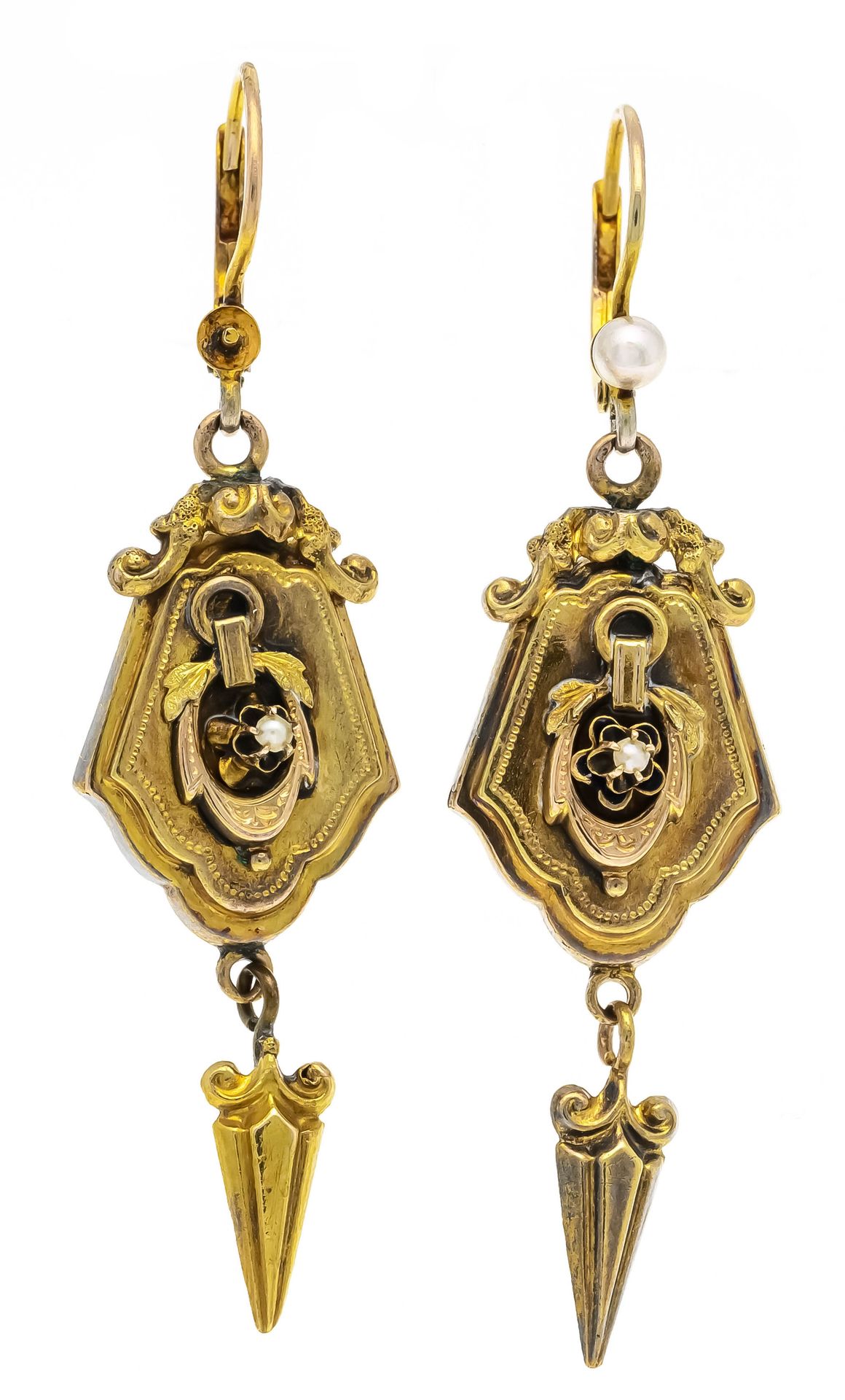 Null Biedermeier earrings metal gilded, with 2 white seed pearls, brisur GG 333/&hellip;