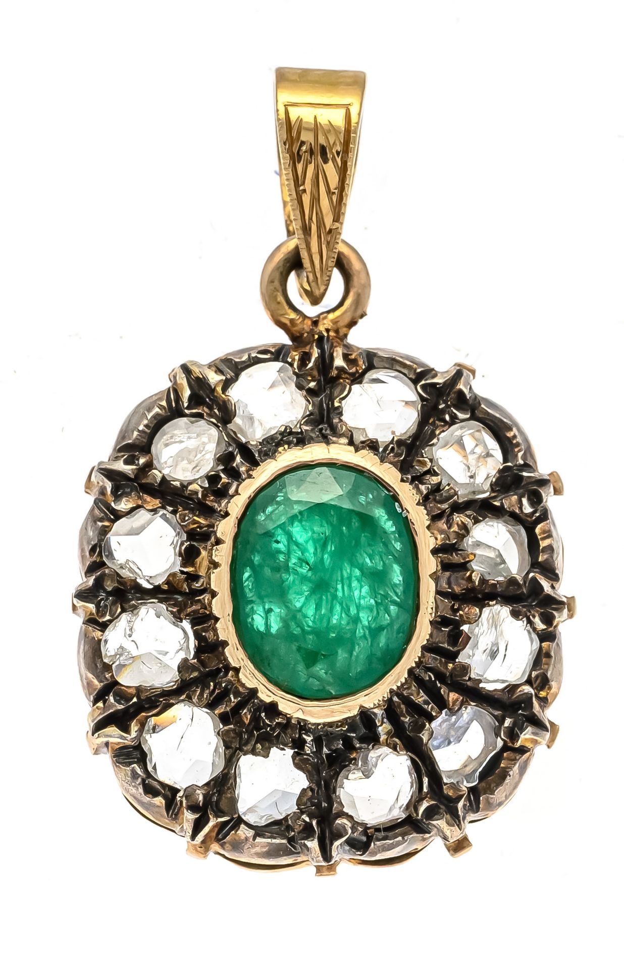 Null 祖母绿钻石吊坠GG 750/000和银，带有椭圆形刻面祖母绿7.7 x 6.1毫米，绿色，半透明-不透明和钻石玫瑰花，长27毫米，3.9克
