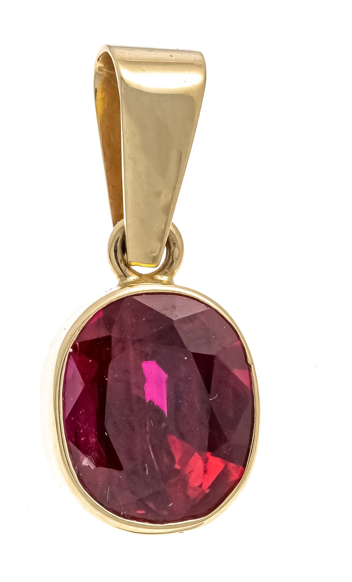 Null 合成红宝石吊坠GG 750/000，含一颗10.2 x 8.6毫米的椭圆形刻面合成红宝石，深红色，透明，长23毫米，重2.8克。
