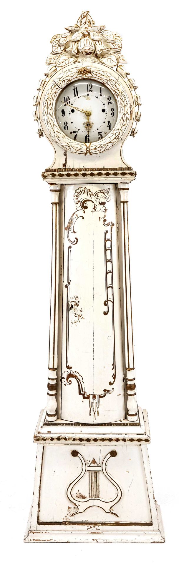 Null Reloj de pie barroco, blanco con dorado parcial, cabeza redonda con flores &hellip;