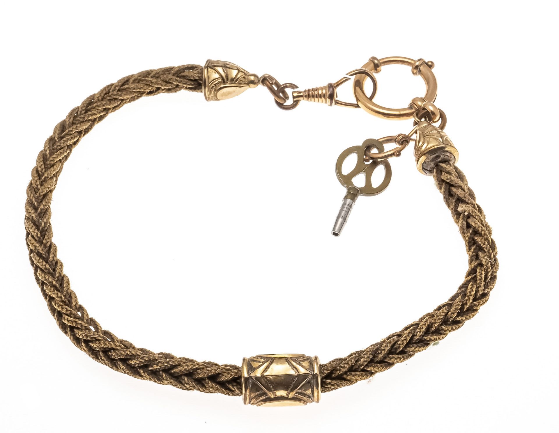 Null 怀表链编发，来自Biederneier时期，带龙虾扣和弹簧环，双饰物和怀表钥匙，长35厘米