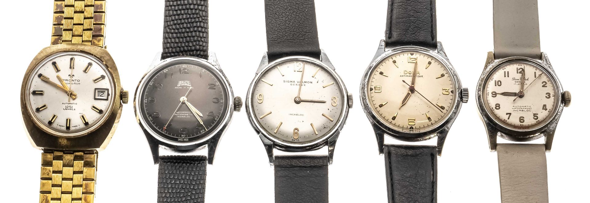 Null 一批混合的5只男士手表，大约在1960年左右，也有更早的，都是启动的，3次手动上链，2次自动上链，4次带皮表带，1次镀金拉绳。