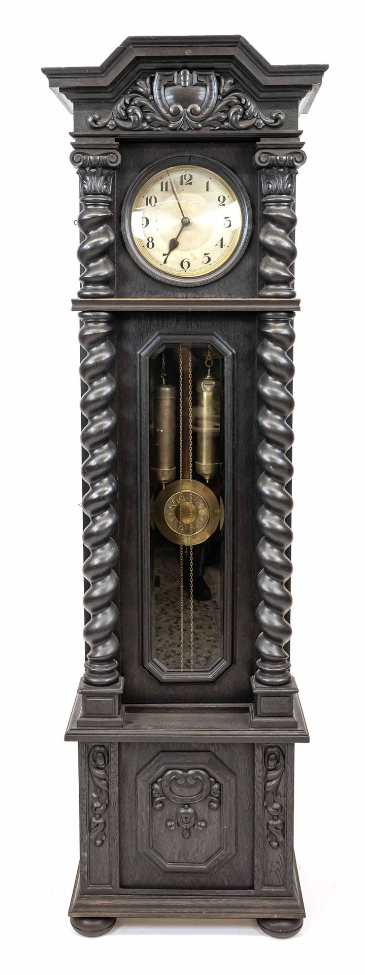 Null Grandfather clock dark wood with coiled columns, faceted glass, coat of arm&hellip;