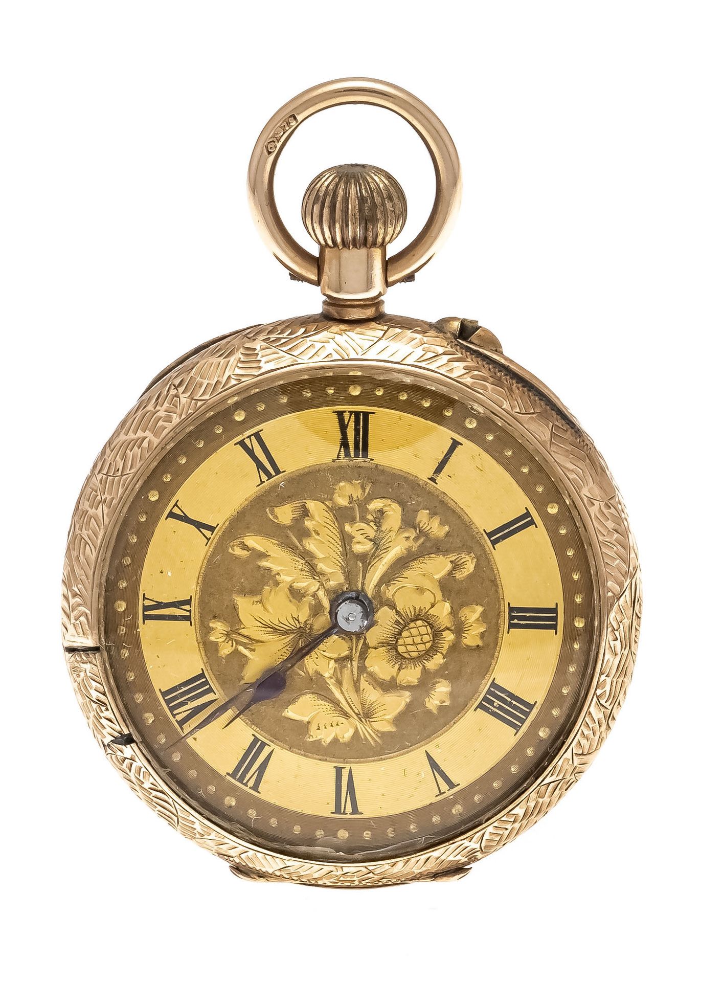 Null open ladies pocket watch 375/000RG, 2 lids gold, case and back floral engra&hellip;