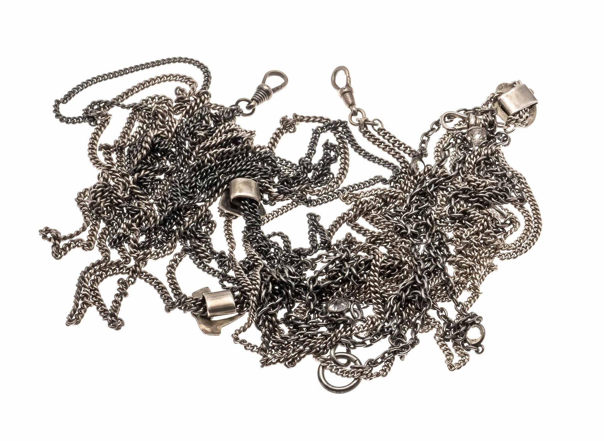 Null Konvolut Taschenuhrenketten, 4 Stück 800/000 Silber und versilbert, mit Kar&hellip;