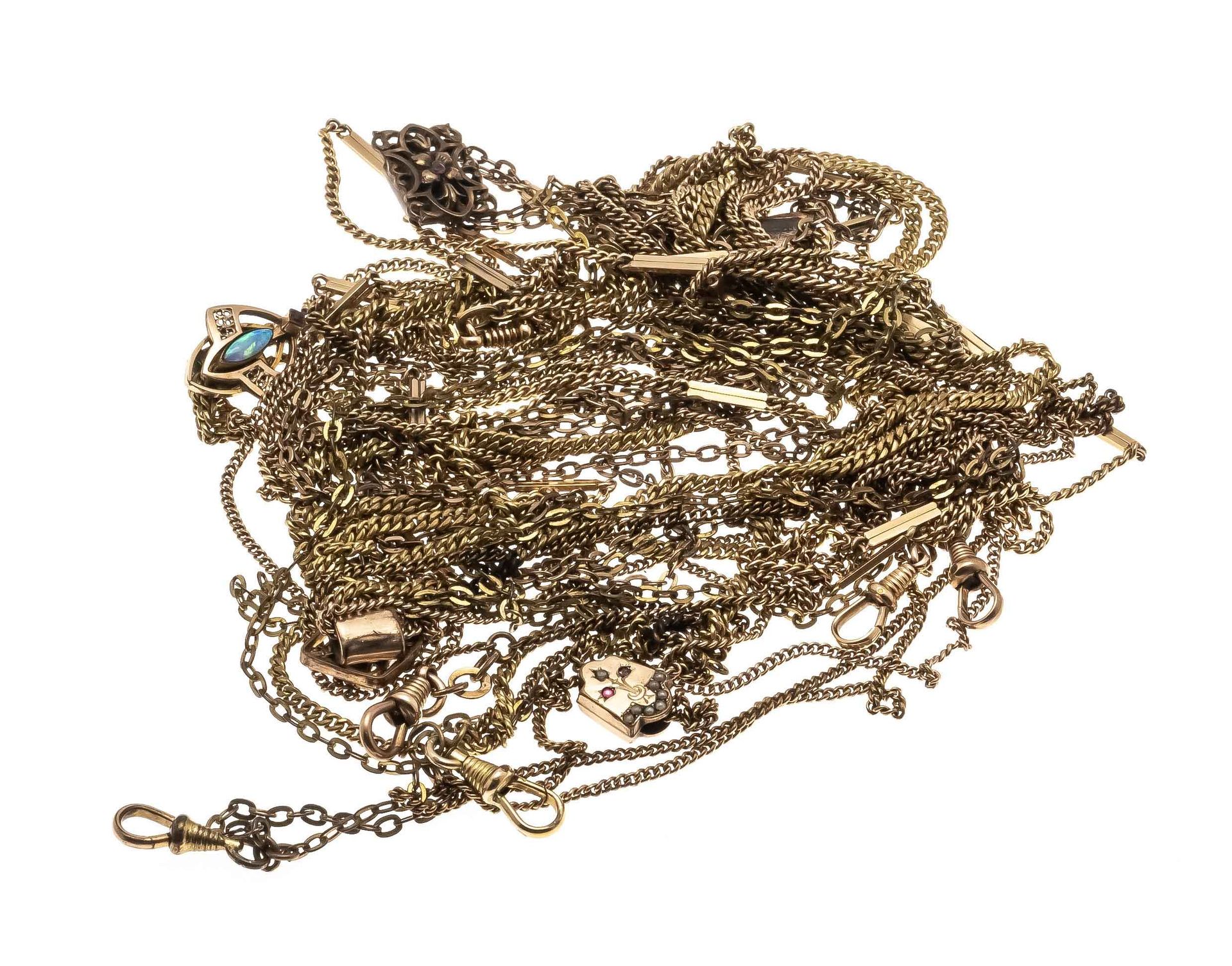 Null mixed lot of pocket watch chains, 6 pieces gold plated, with carabiner and &hellip;