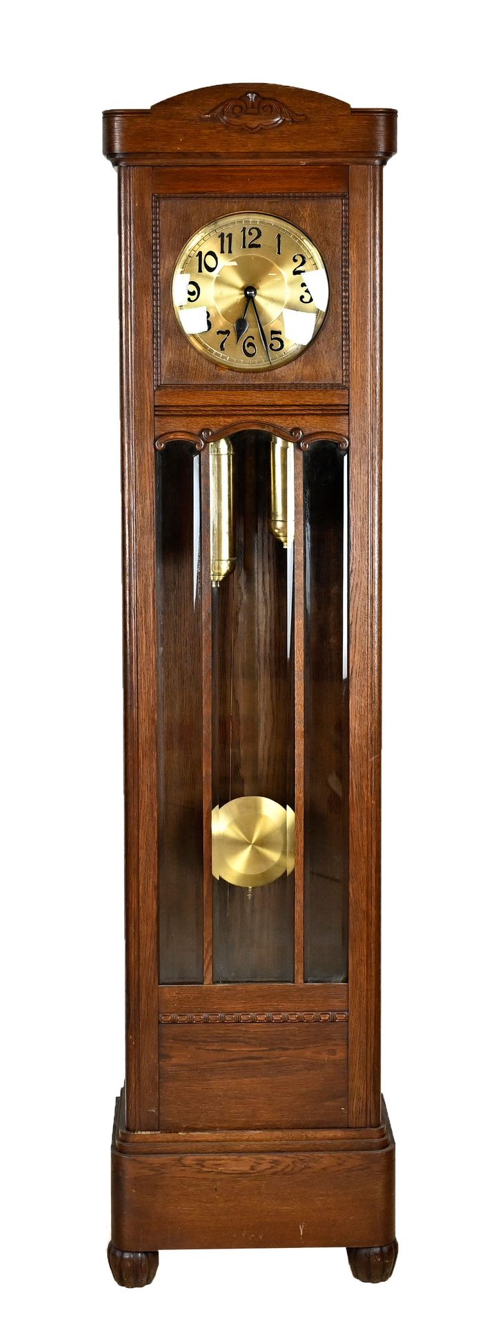 Null Reloj de pie, alemán circa 1910, roble, con perlage y tallas, esfera dorada&hellip;