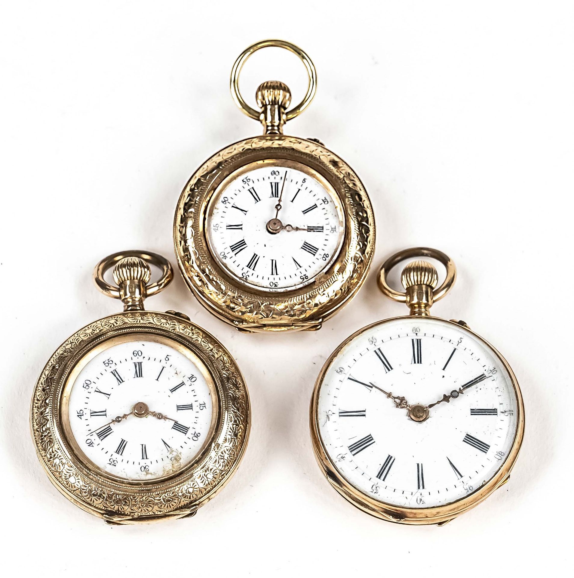Null mixed lot of 3 ladies pocket watches open, all 585/000 GG, all with cylinde&hellip;