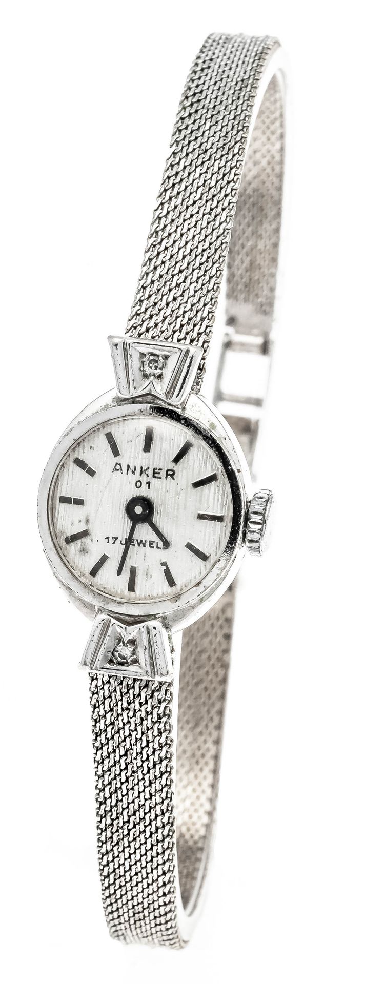 Null Anker女士手表，585/000 WG，手动上链Cal.AS 1977-2运行，表带上有2颗钻石，米拉纳斯表带与折叠扣，14x17毫米，高度超过应力&hellip;