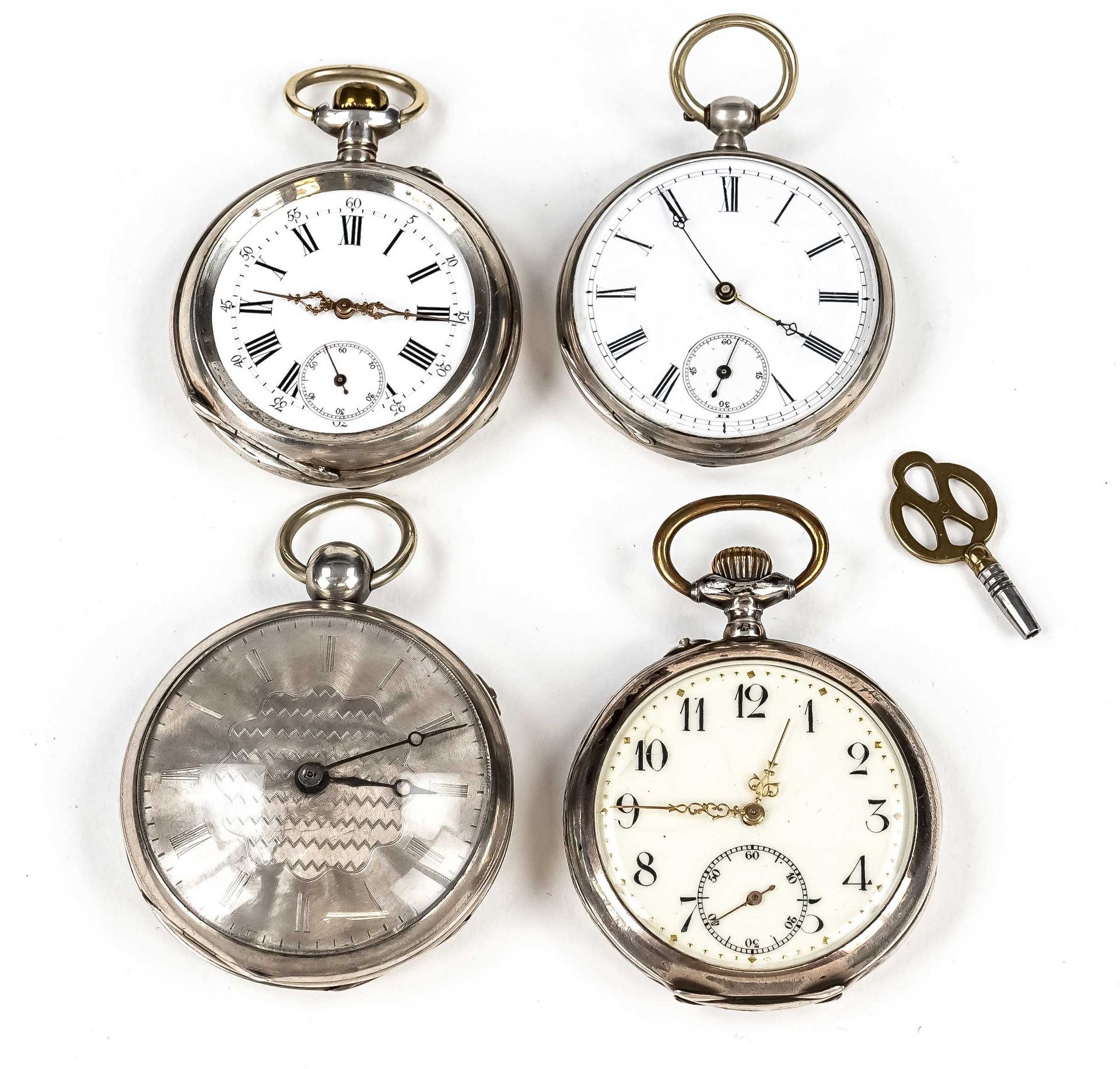 Null Set of 4 men's pocket watches, spindle pocket watch in silver case, key poc&hellip;