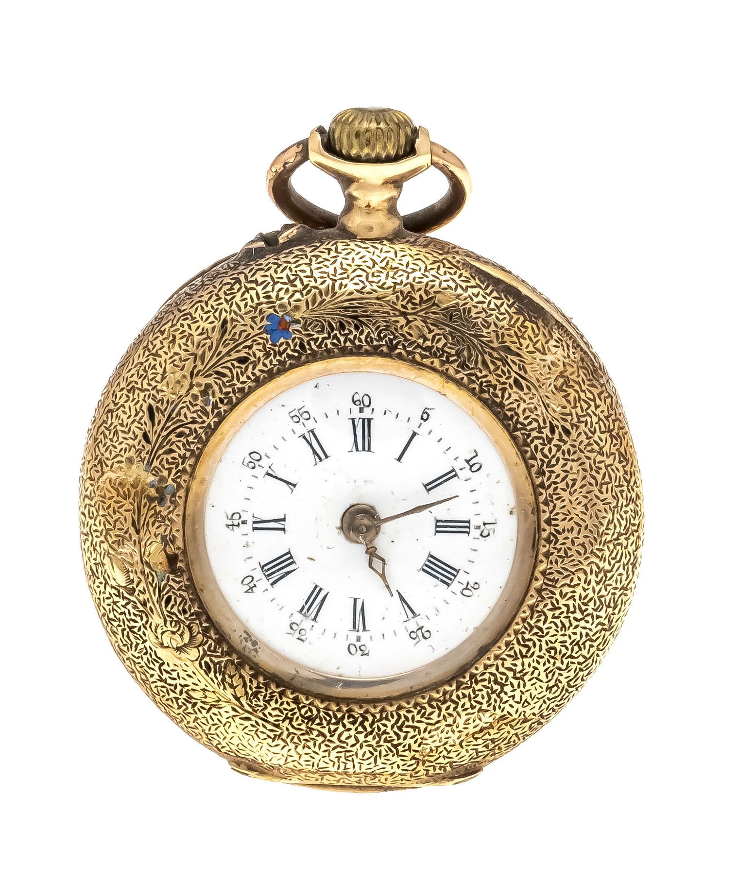 Null open ladies pocket watch, 585/000GG, 1 cover gold, engraved with polychrome&hellip;