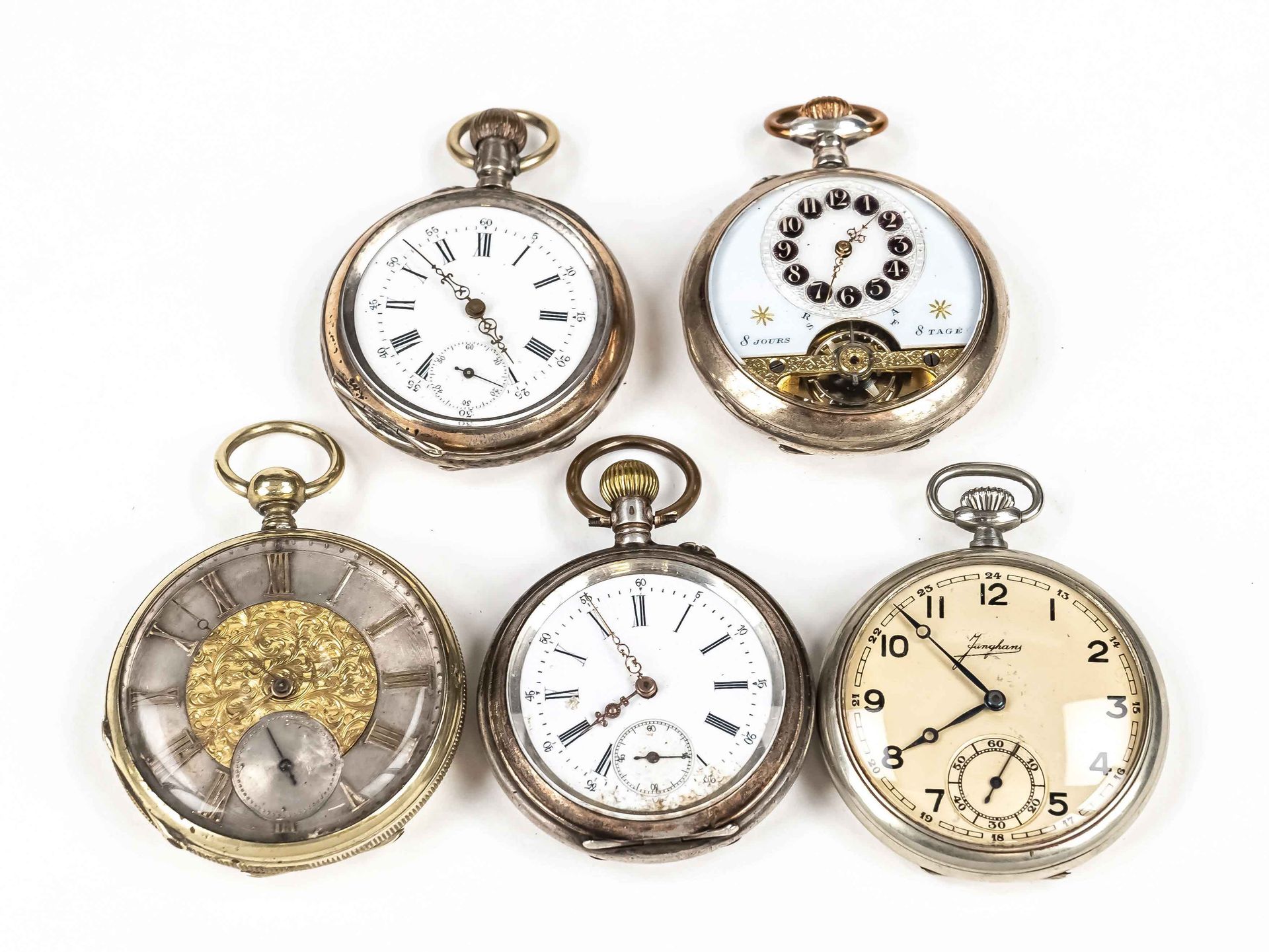 Null mixed lot of 5 men's pocket watches, 3 times silver, 2 times nickel, all to&hellip;