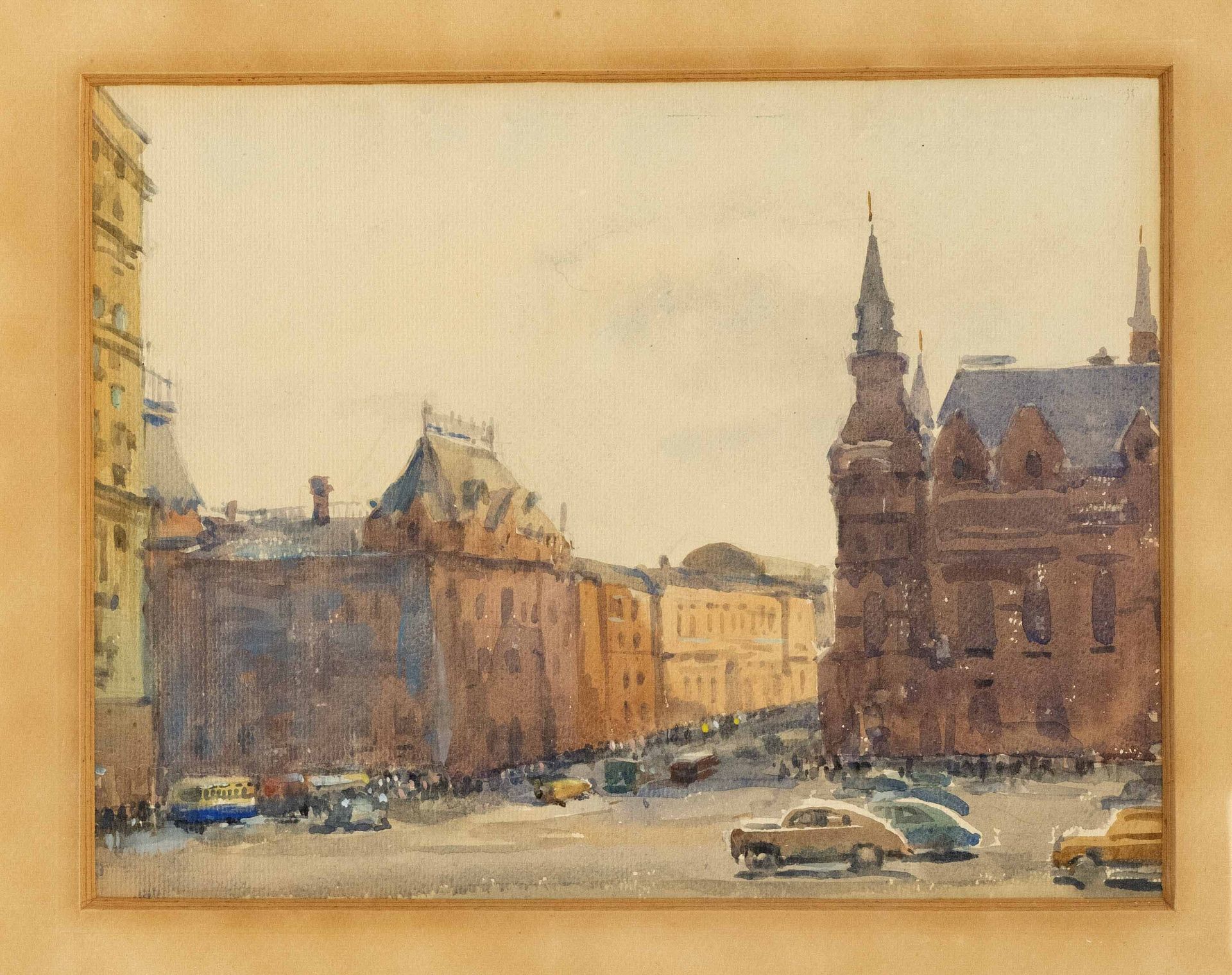 Null Anonymous painter mid-20th century, busy city intersection, watercolor on p&hellip;