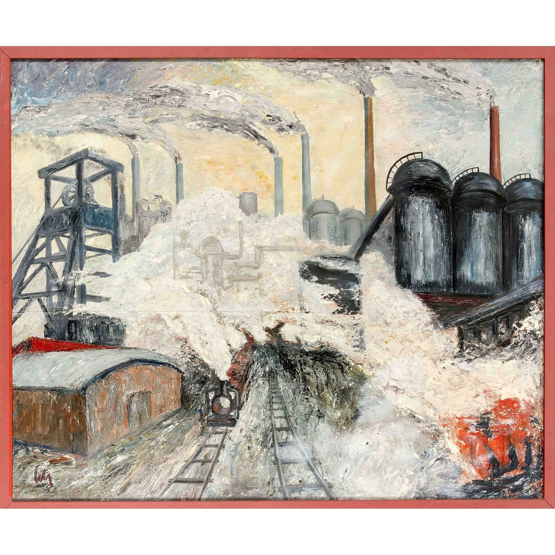 Null 不明身份的画家，20世纪中期，带有蒸汽机车的大型工业景观，胶合板上的油画，左下方有模糊的签名，100×120厘米，有框架的104×124厘米