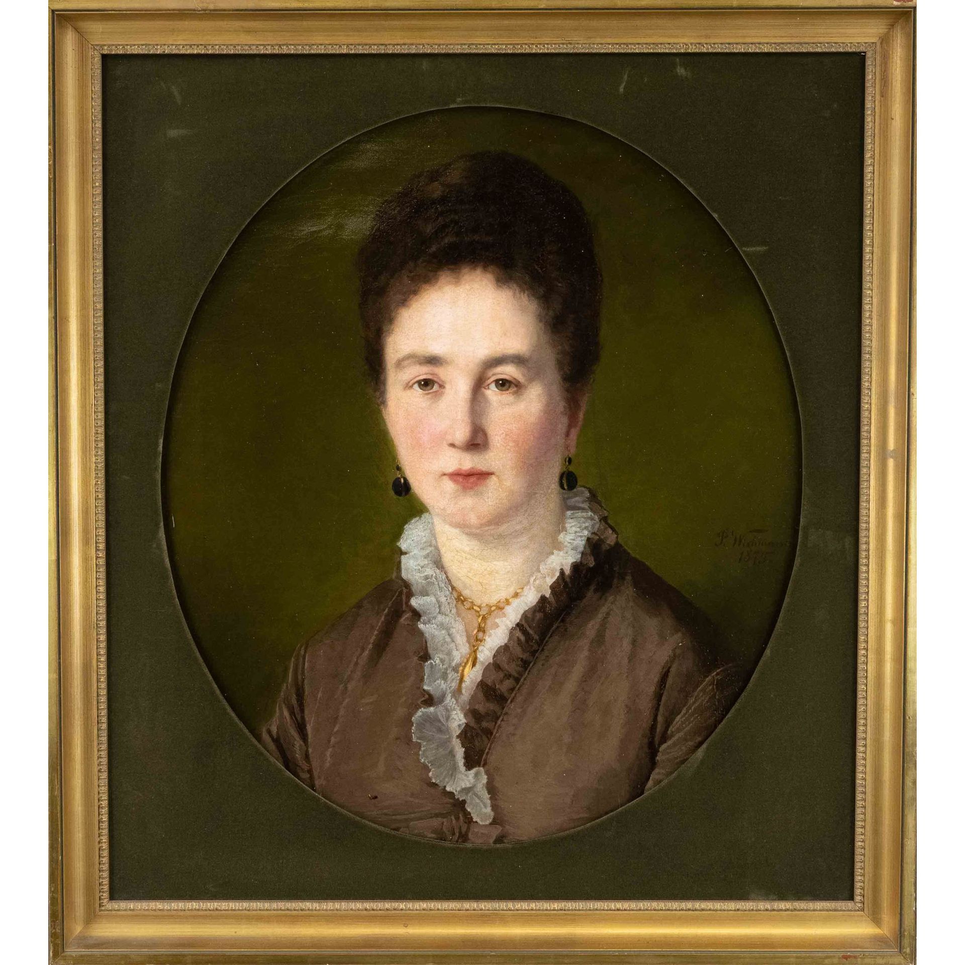 Null Paul Wichmann (1846-?)，《戴耳环的年轻女士乳房肖像》，布面油画，右下角有签名和日期，58 x 50厘米，有椭圆形切口的框架75 &hellip;