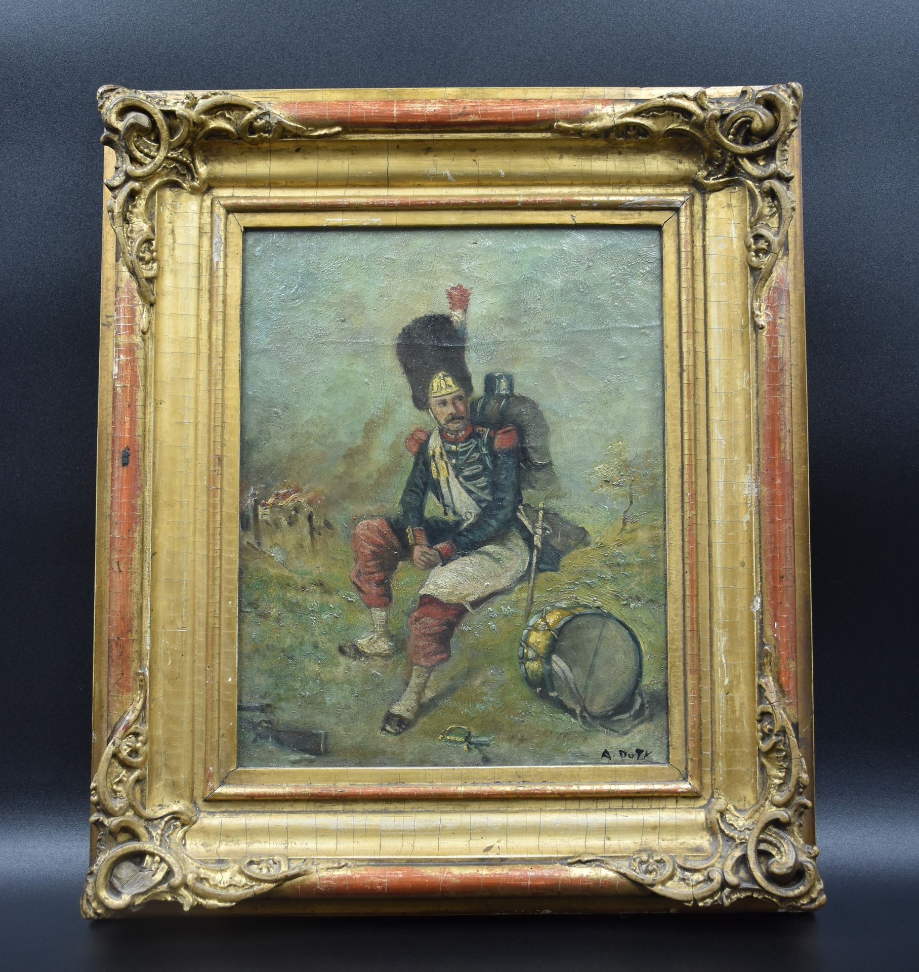 Null Soldat de la guerre de 1870 au repos. Huile sur toile signée A. Dufy. Dimen&hellip;