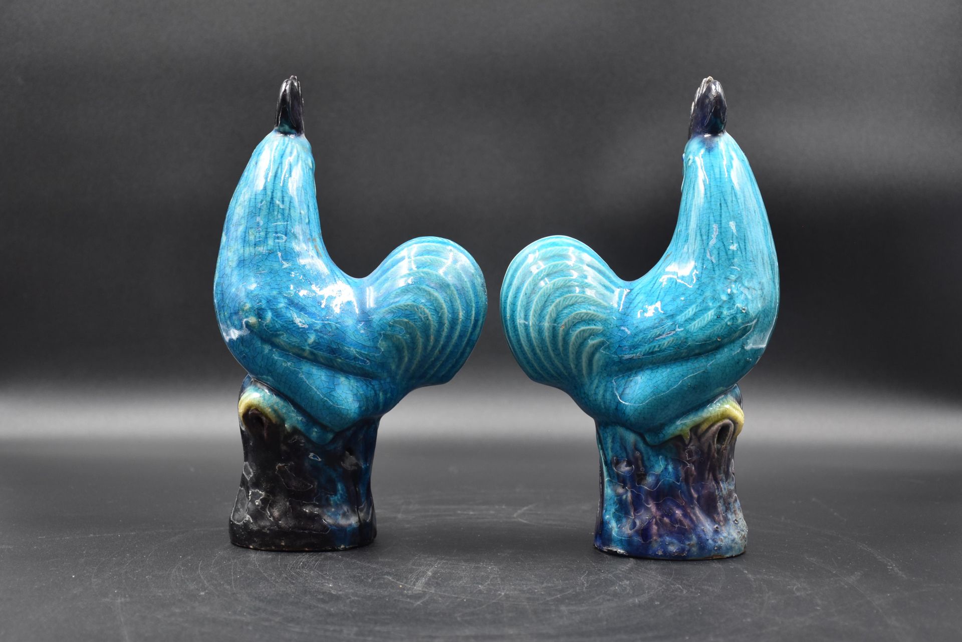 Null Pair of turquoise ceramic roosters. China 19th century. Height : 25 cm.