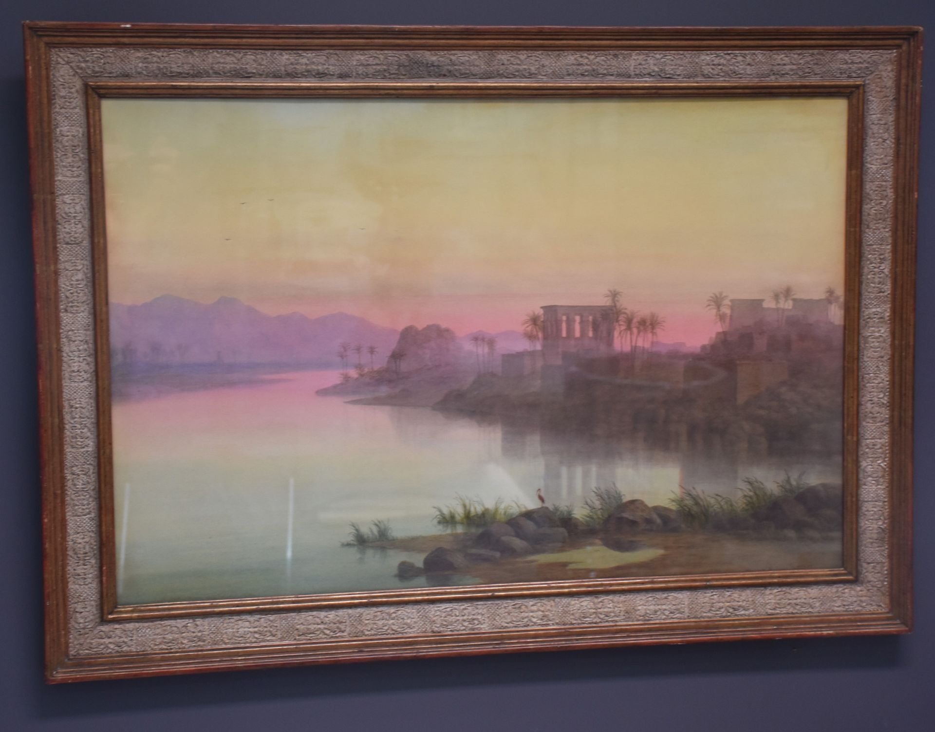 Charles Vacher (1818-1883)., 查尔斯-瓦切尔（1818-1883）。菲莱-努比亚的景色。水彩画。尺寸：78 x 51厘米。