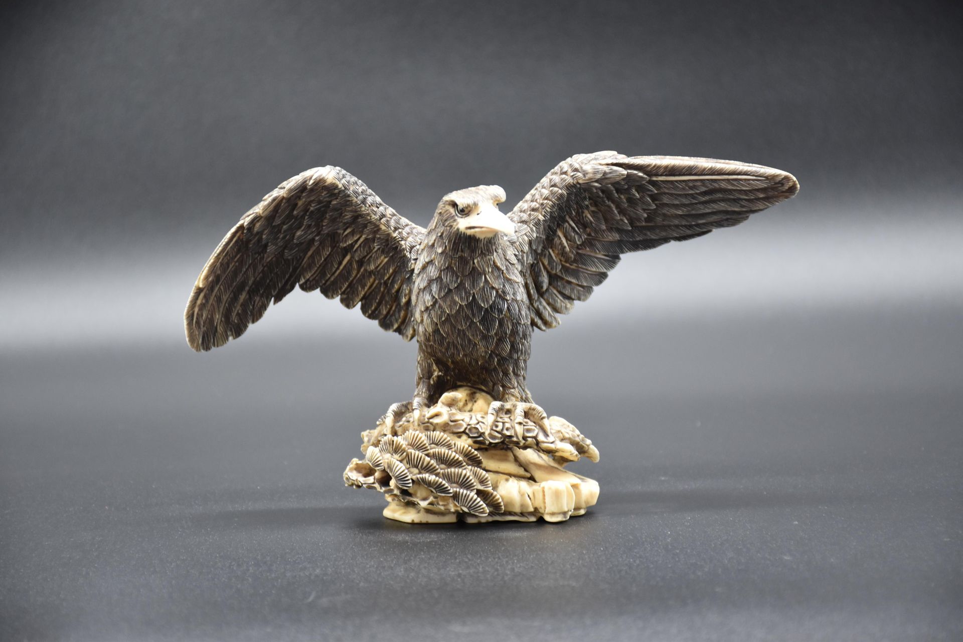 Null Águila de marfil. Obra japonesa tallada alrededor de 1900. Altura : 10 cm.