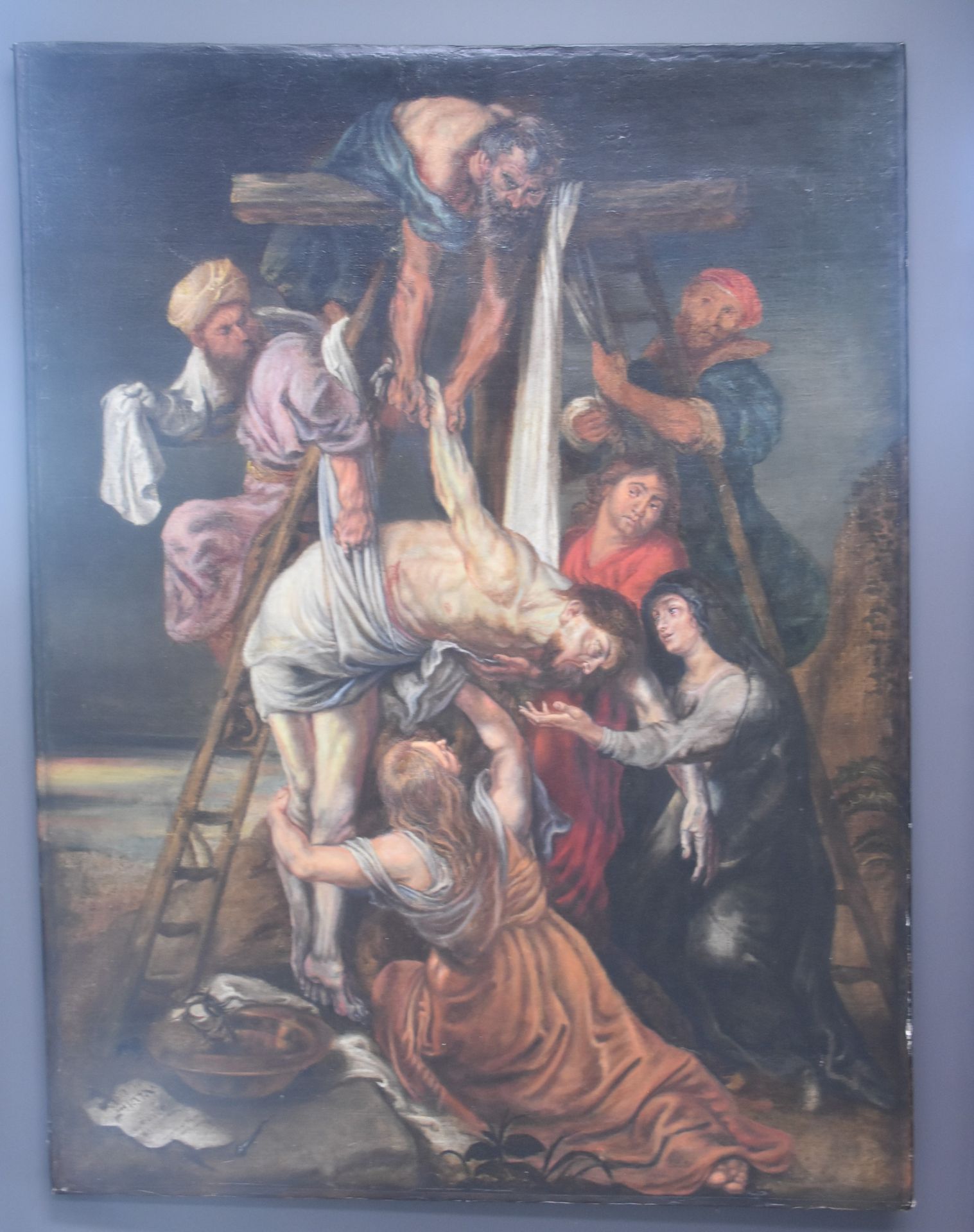 Null 从十字架上降下。安特卫普画派 十八世纪的鲁本斯精神。有框。旧的修复工作。尺寸：102 x 136厘米。