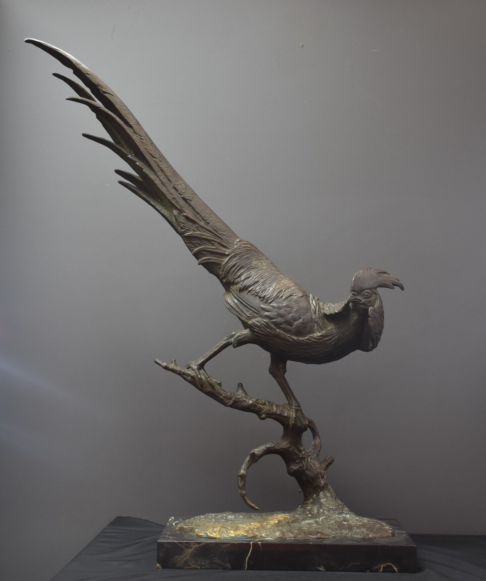 Büschelberger, Anton (1869-1934), 安东-布舍尔伯格（1869-1934）狩猎铜像，野鸡在树枝上平衡。高度：72.5厘米。