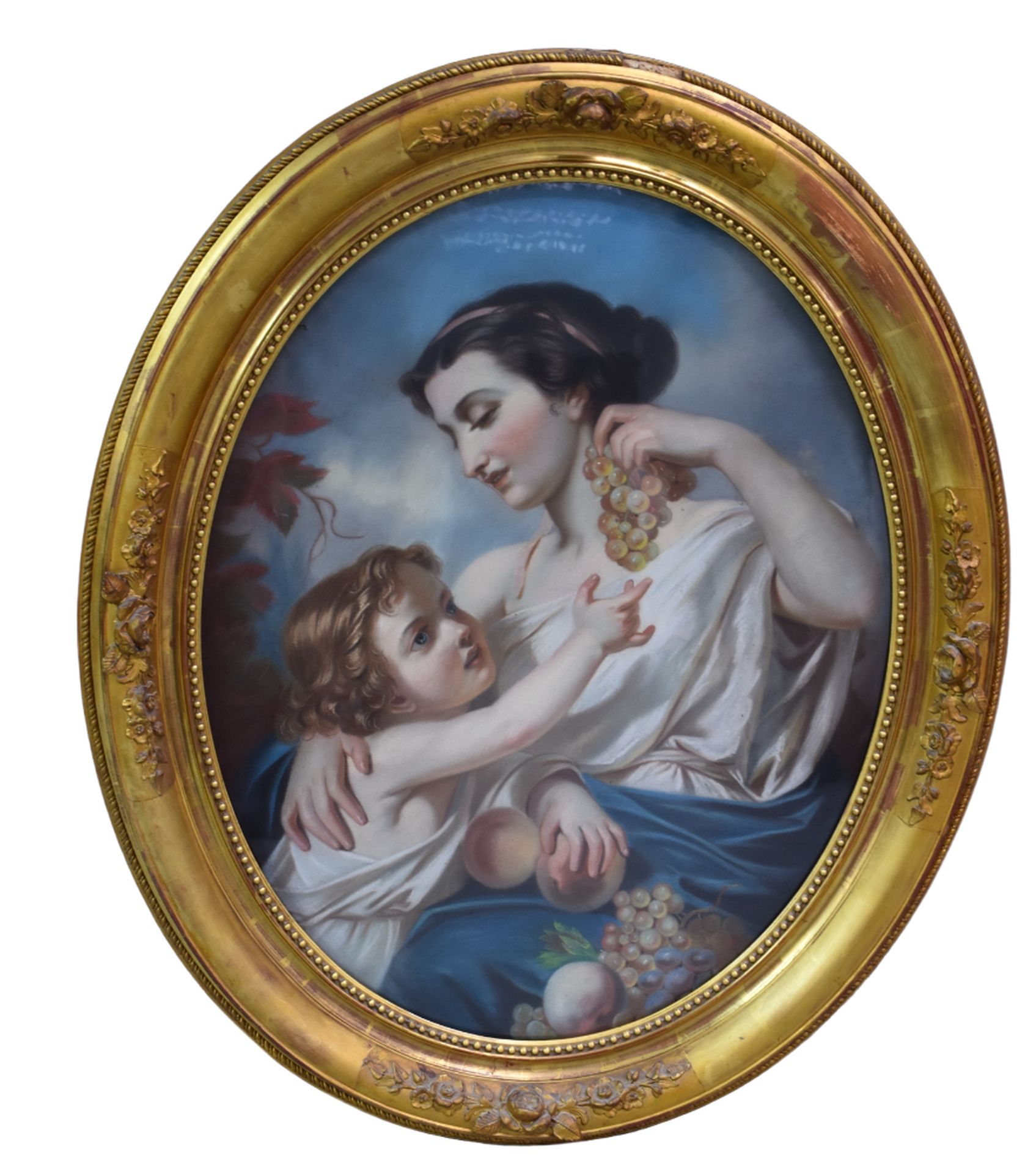Null Romantic pastel signed and dated 1856. The mother and her child sorting fru&hellip;