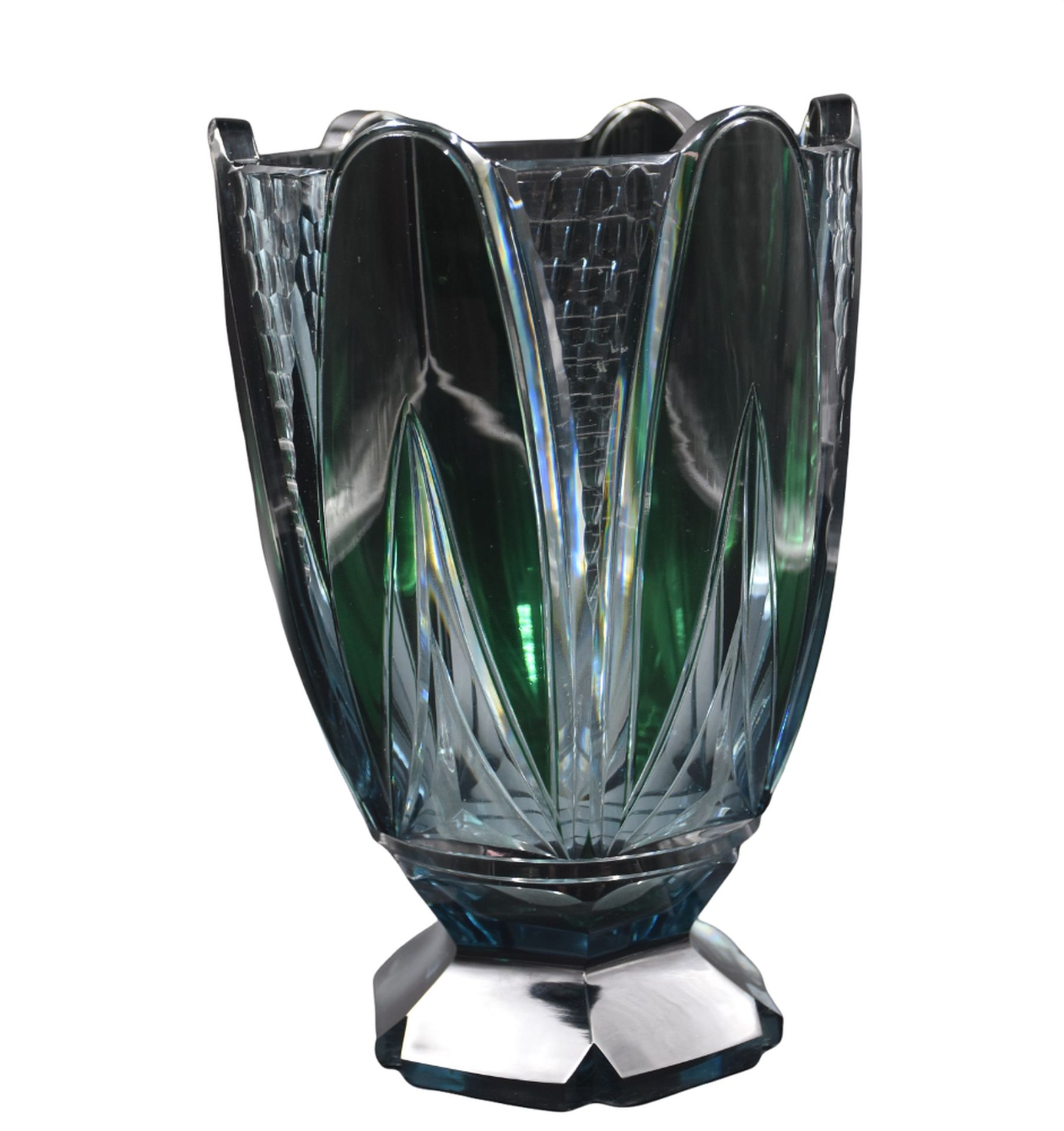 Null Vase en cristal du Val Saint Lambert bleu Pompéi doublé vert. Cachet de l’e&hellip;