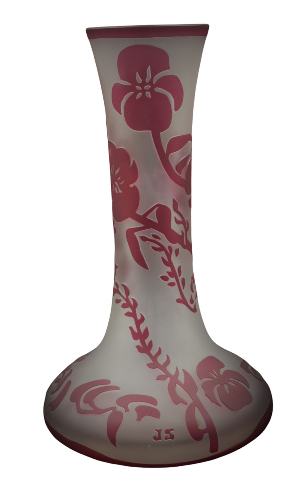Null Val Saint Lambert花瓶上有JS的字样，风格化的红宝石色花朵设计。高度：30厘米。 

NL: Val Saint Lambert va&hellip;