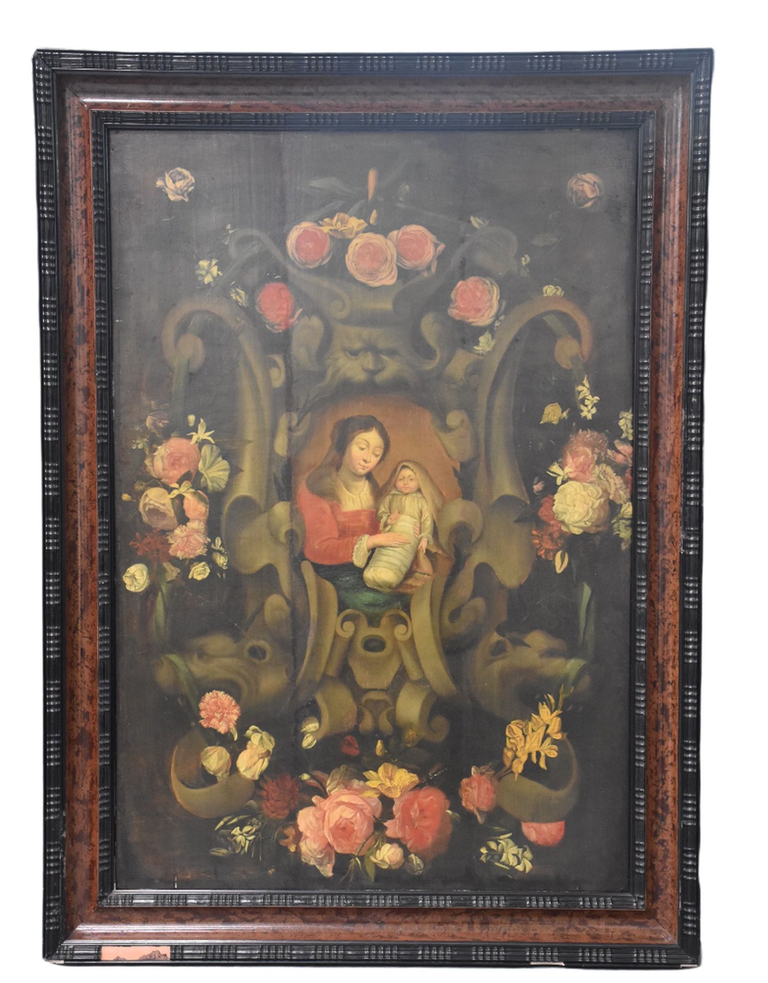 Null 被花环包围的圣母和孩子。佛兰德学校，17世纪。板上油彩。旧的垂直裂缝被修饰。尺寸：60 x 89厘米。 

NL: Madonna and Child&hellip;