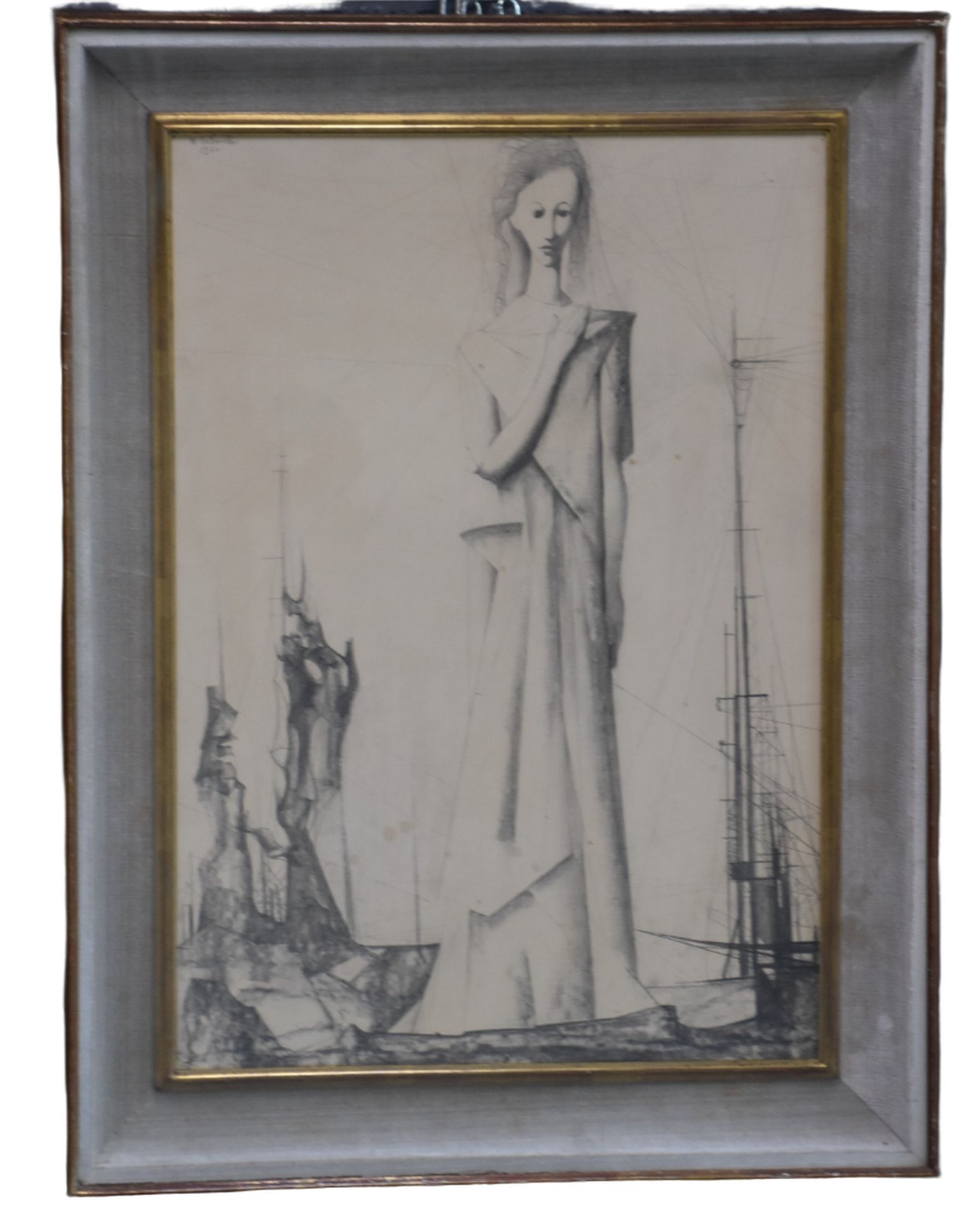 Marcel Delmotte (1901-1984). 马塞尔-德尔莫特（1901-1984）。穿着超现实主义长袍的女士。炭笔画。1960年 尺寸：39 x &hellip;