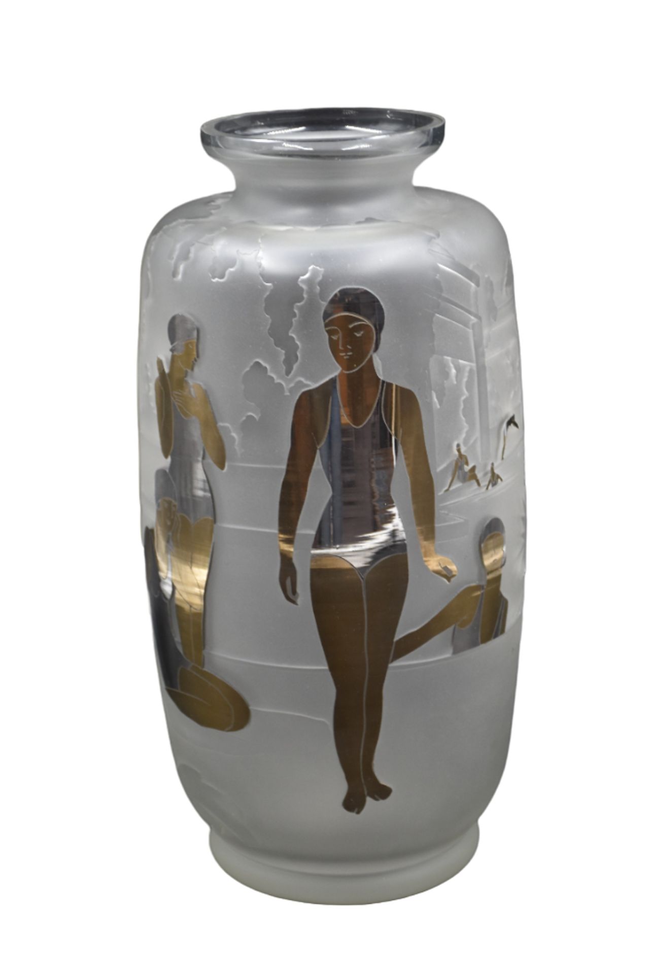 Null 来自中部地区的罕见的装饰艺术喷砂玻璃花瓶，上面有沐浴者的装饰。归功于罗伯特-霍夫曼（1910-1981）。这个形状是我们知道的他为数不多的作品中的典型&hellip;
