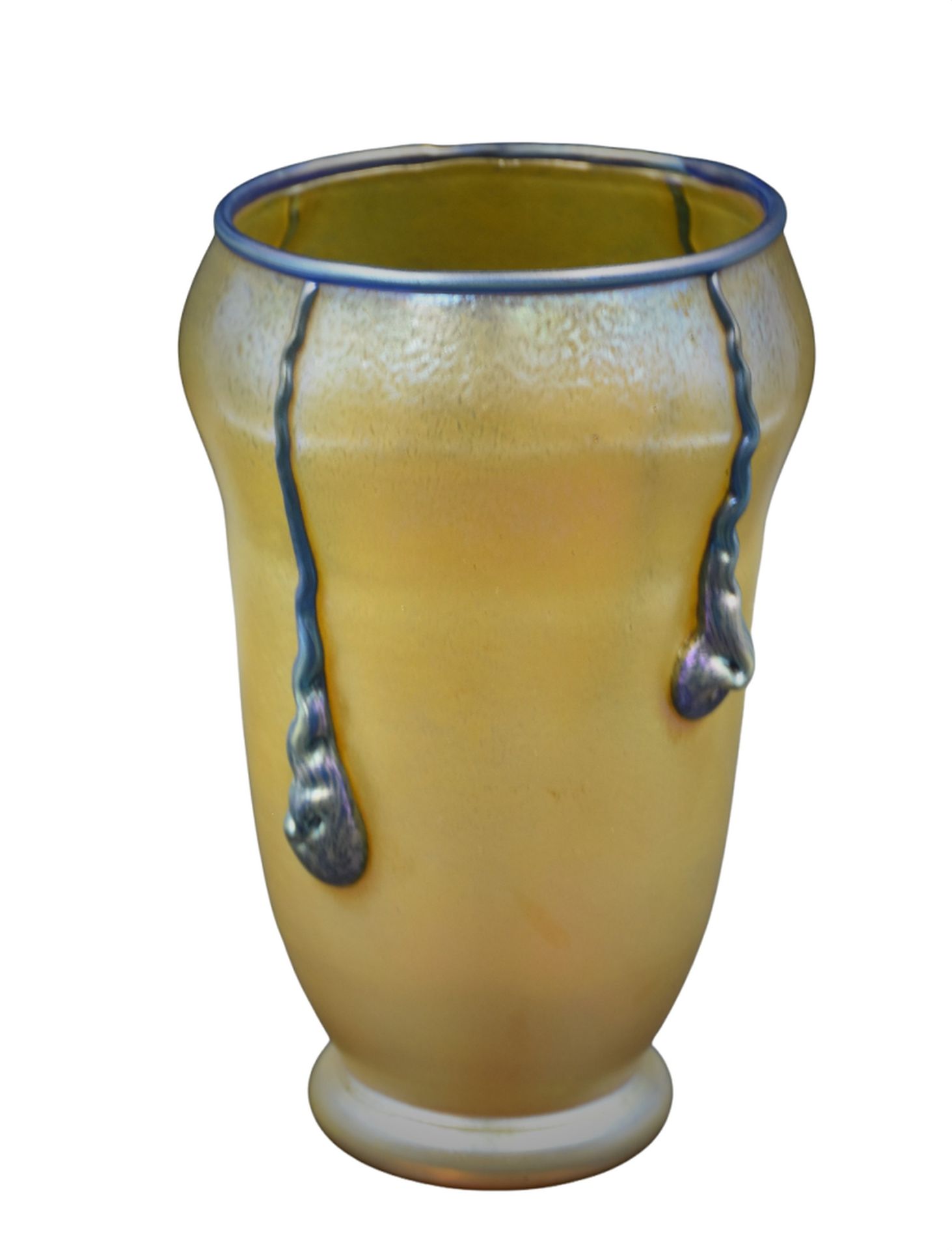 Null 五彩缤纷的新艺术派玻璃花瓶，有热贴的珍珠蓝玻璃滴。可能是洛特兹。高：21厘米。 

荷兰：新艺术风格的玻璃器皿上有一个小的应用，有一个小的釉面。Ver&hellip;
