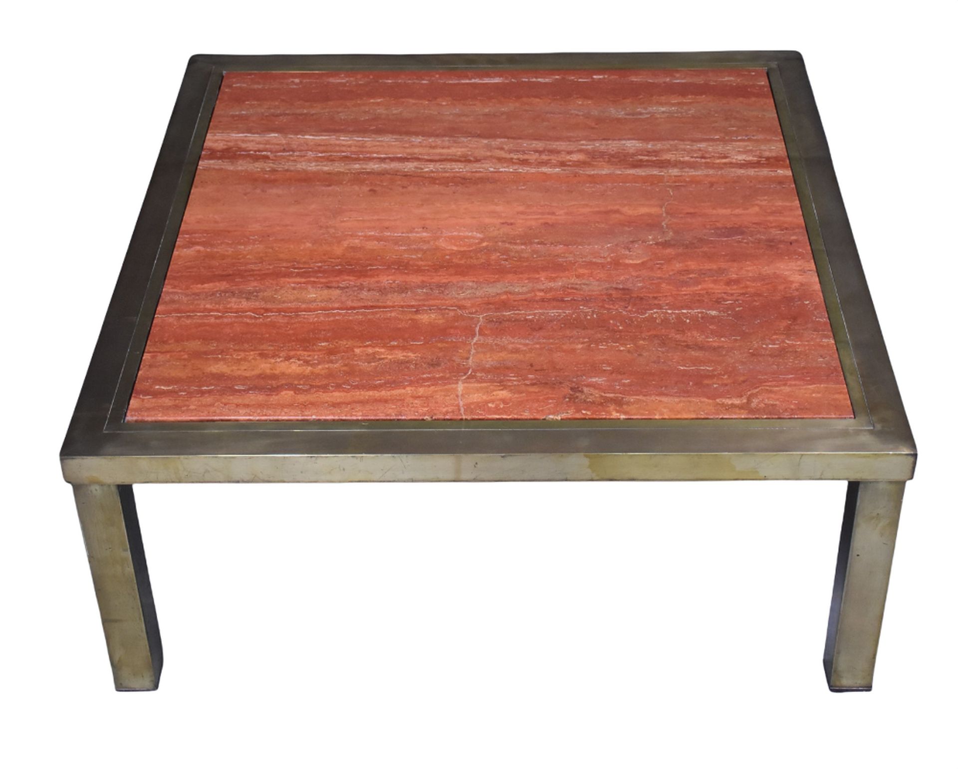 Null 黄铜和红色大理石架子的咖啡桌 年份 80 尺寸 90 x 90 cm.高度：38厘米。 

NL: Messing salontafel en roo&hellip;
